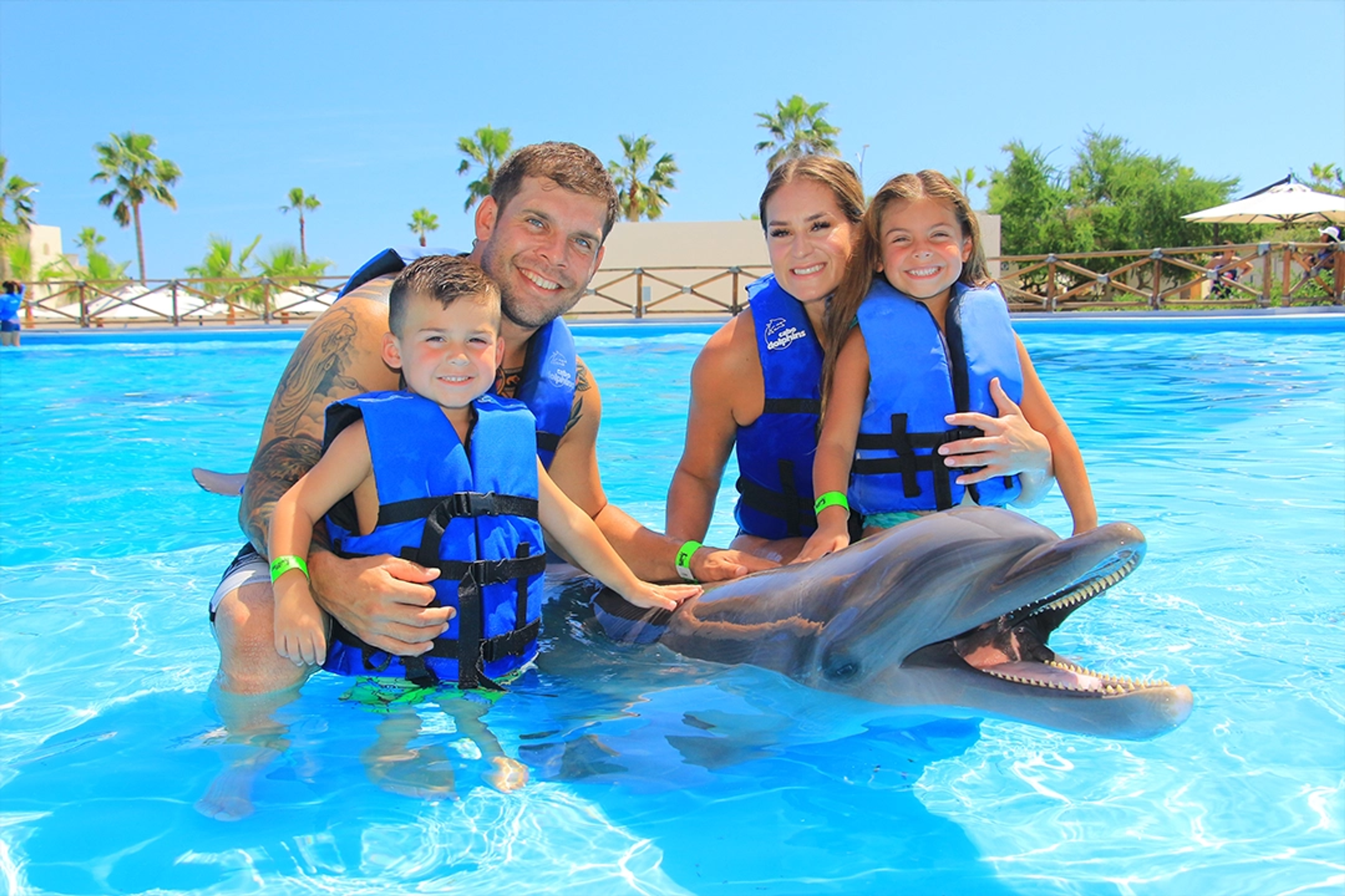 A smiling family wearing life vests enjoys a close encounter with a dolphin in a bright blue pool on a sunny day.
