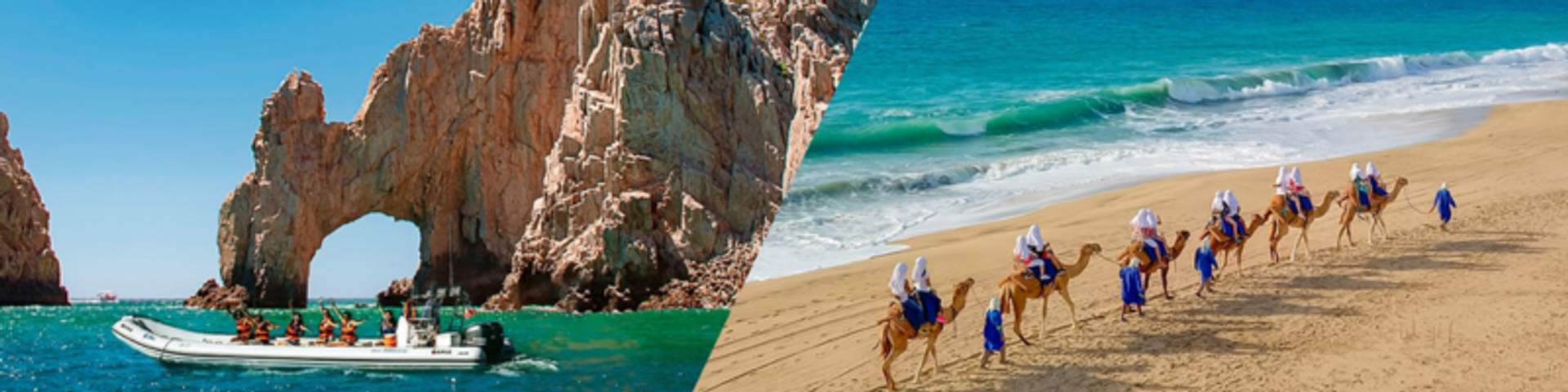 A boat with tourists approaches the famous rock arch at Cabo San Lucas on the left, while a group of people ride camels along a sandy beach on the right.