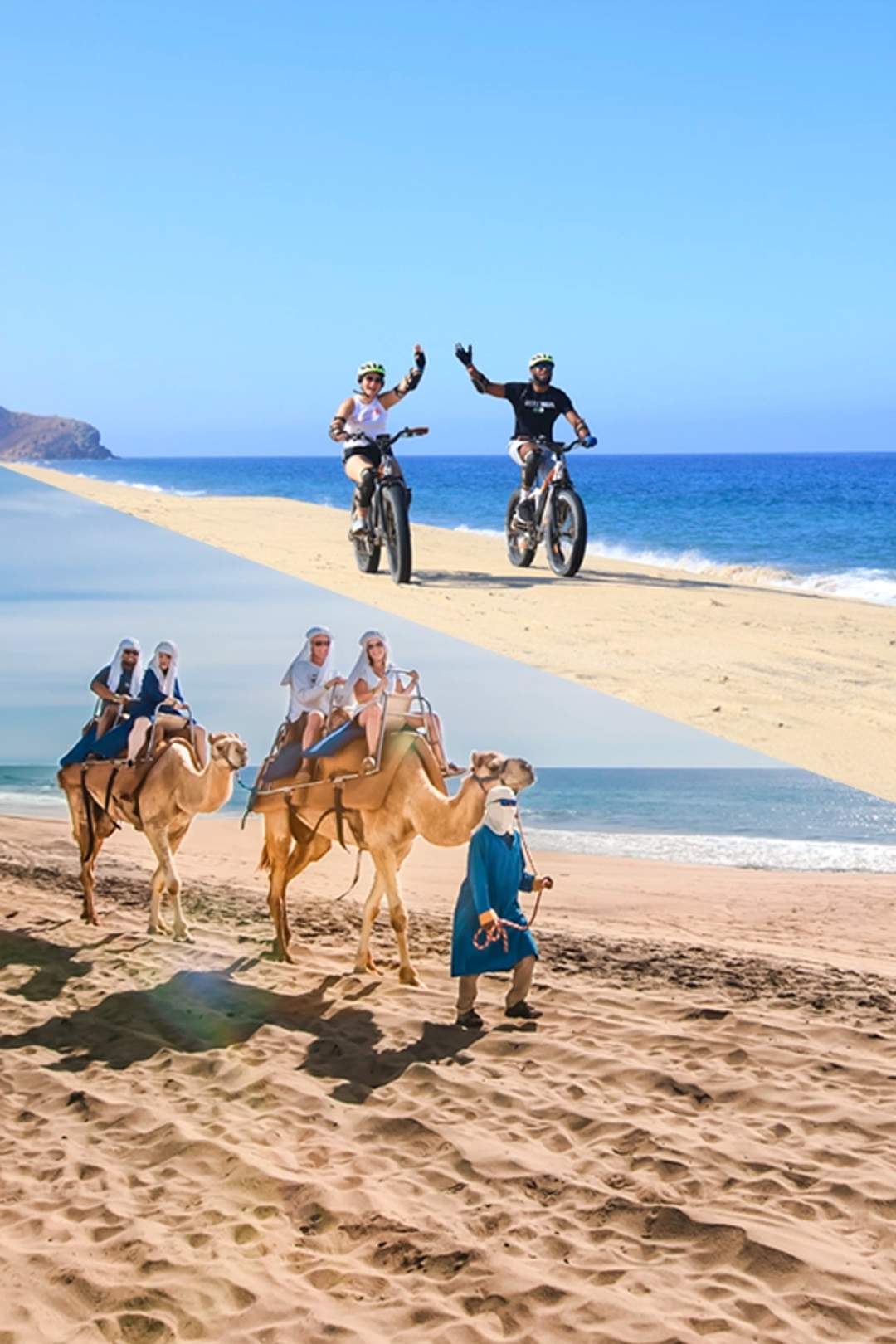 Woman with a camel and UTV on the beach, blending adventure and nature in Cabo San Lucas.