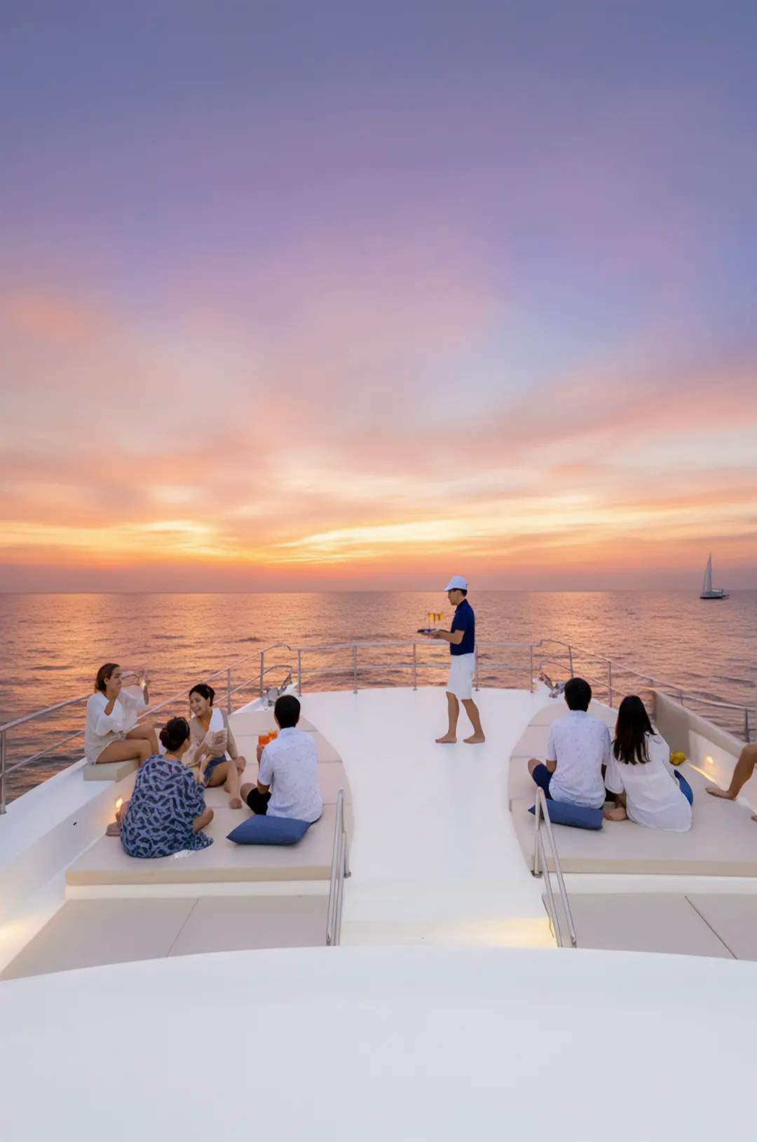 Guests relaxing on a luxury catamaran at sunset with ocean views in Los Cabos.