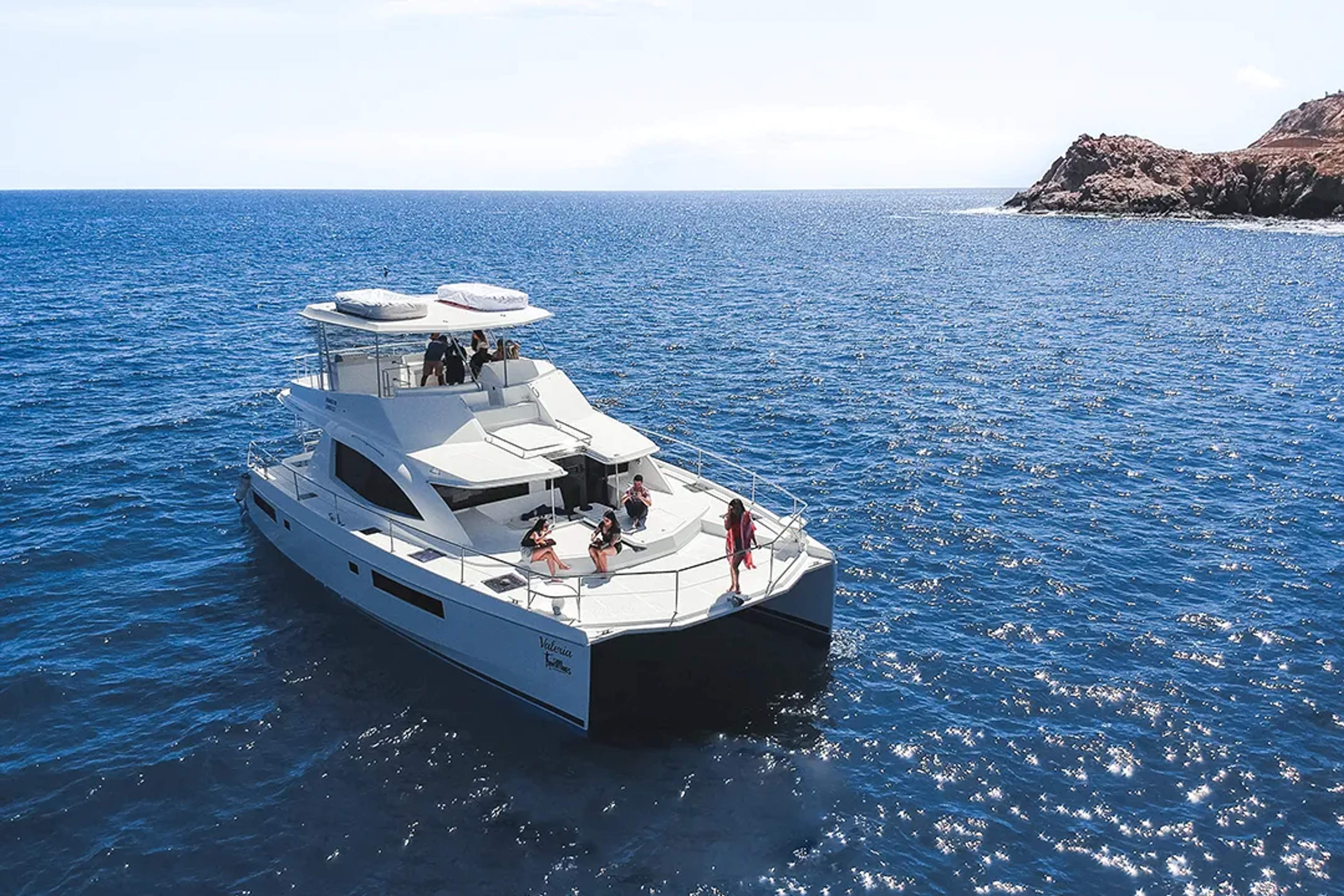 Private luxury yacht cruising the Sea of Cortez in Los Cabos, perfect for exclusive ocean tours and celebrations