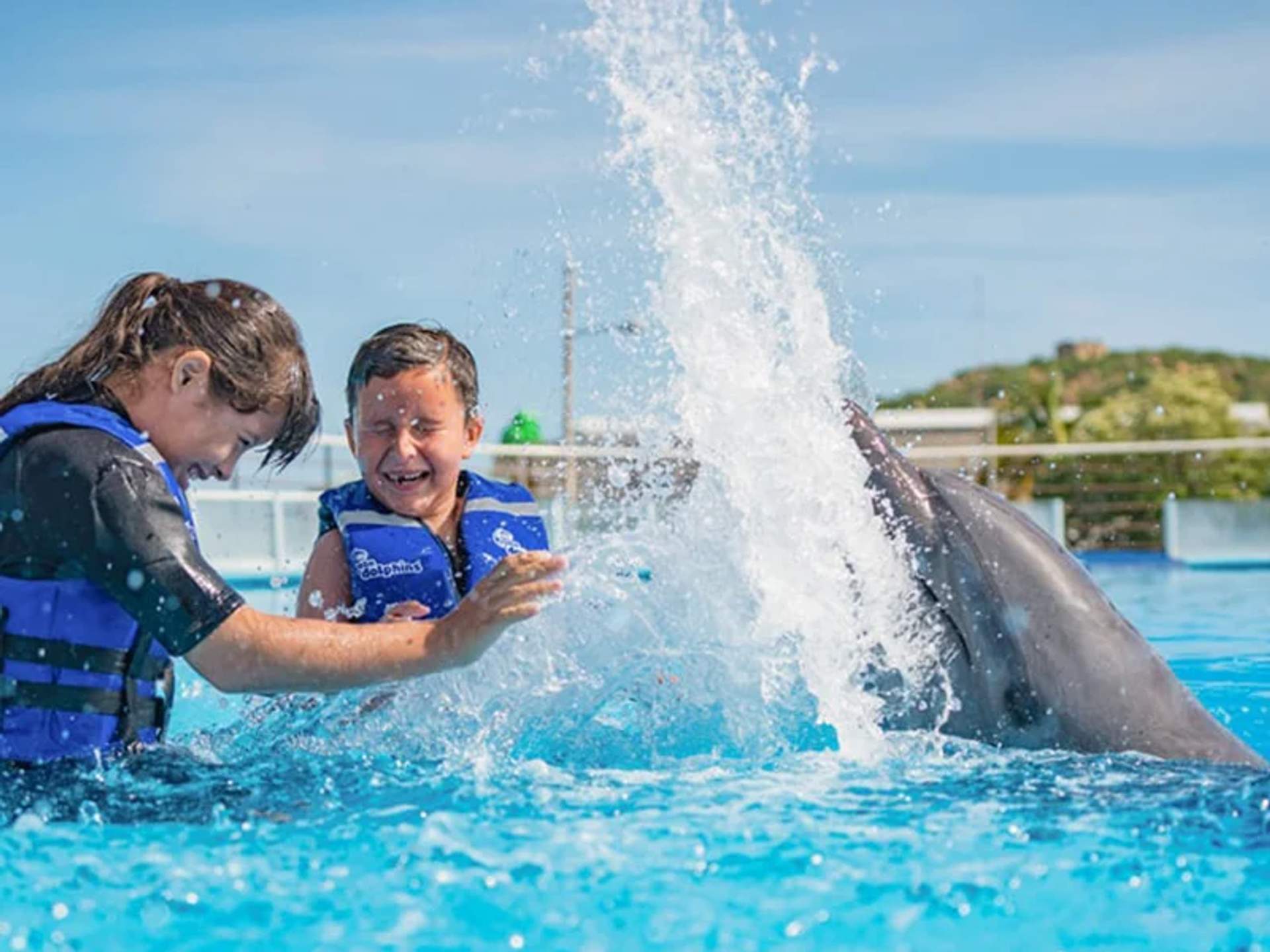 A child and a woman, both wearing life vests, laugh and splash water while interacting with a dolphin in a pool.