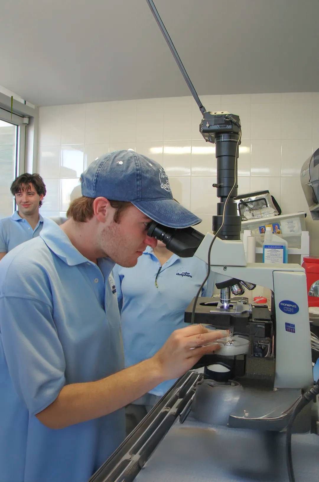 Dolphin trainers in Cabo examining samples under a microscope.