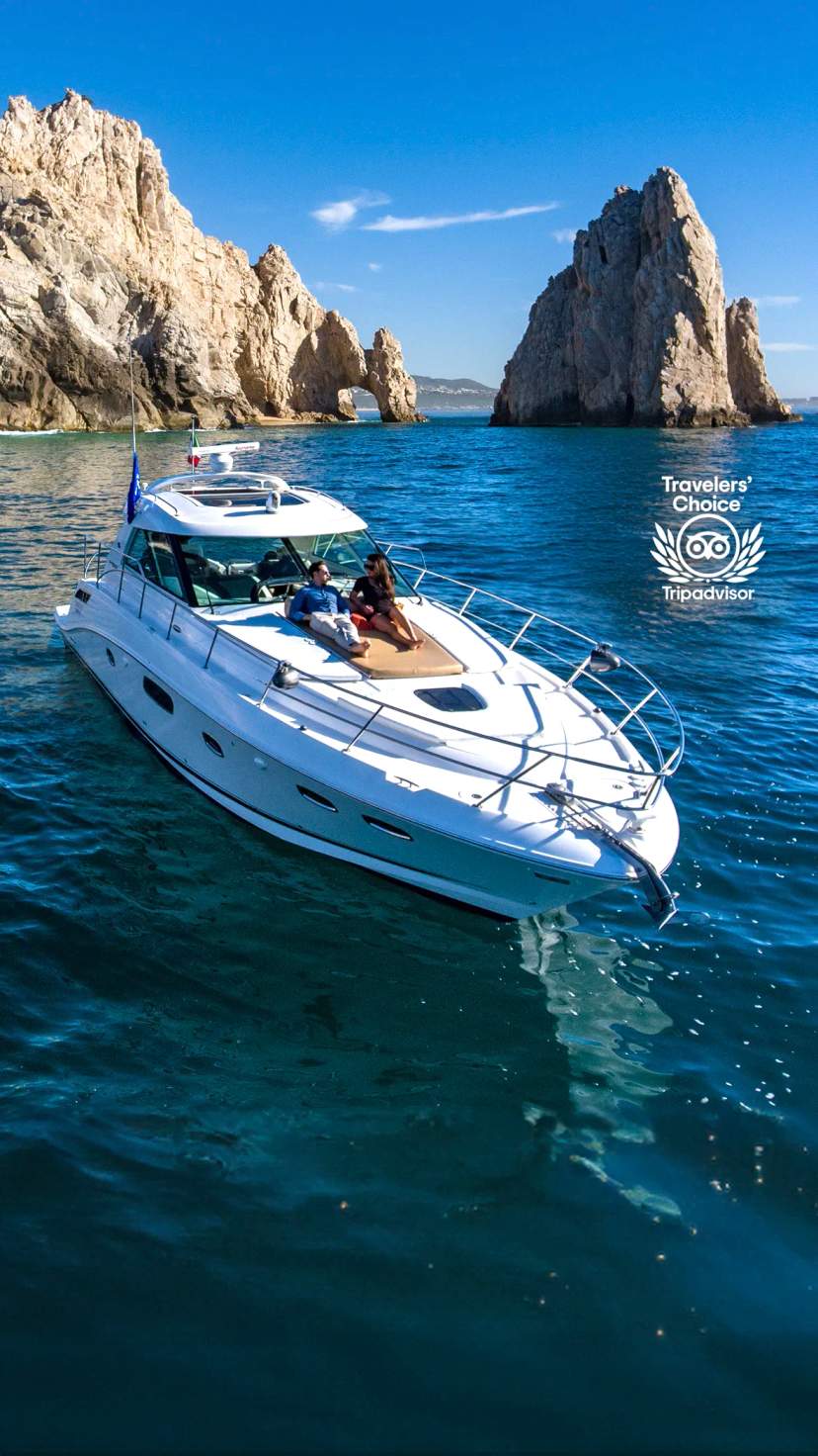 Enjoy a luxurious yacht rental in Los Cabos, cruising the stunning waters and breathtaking coastal views.