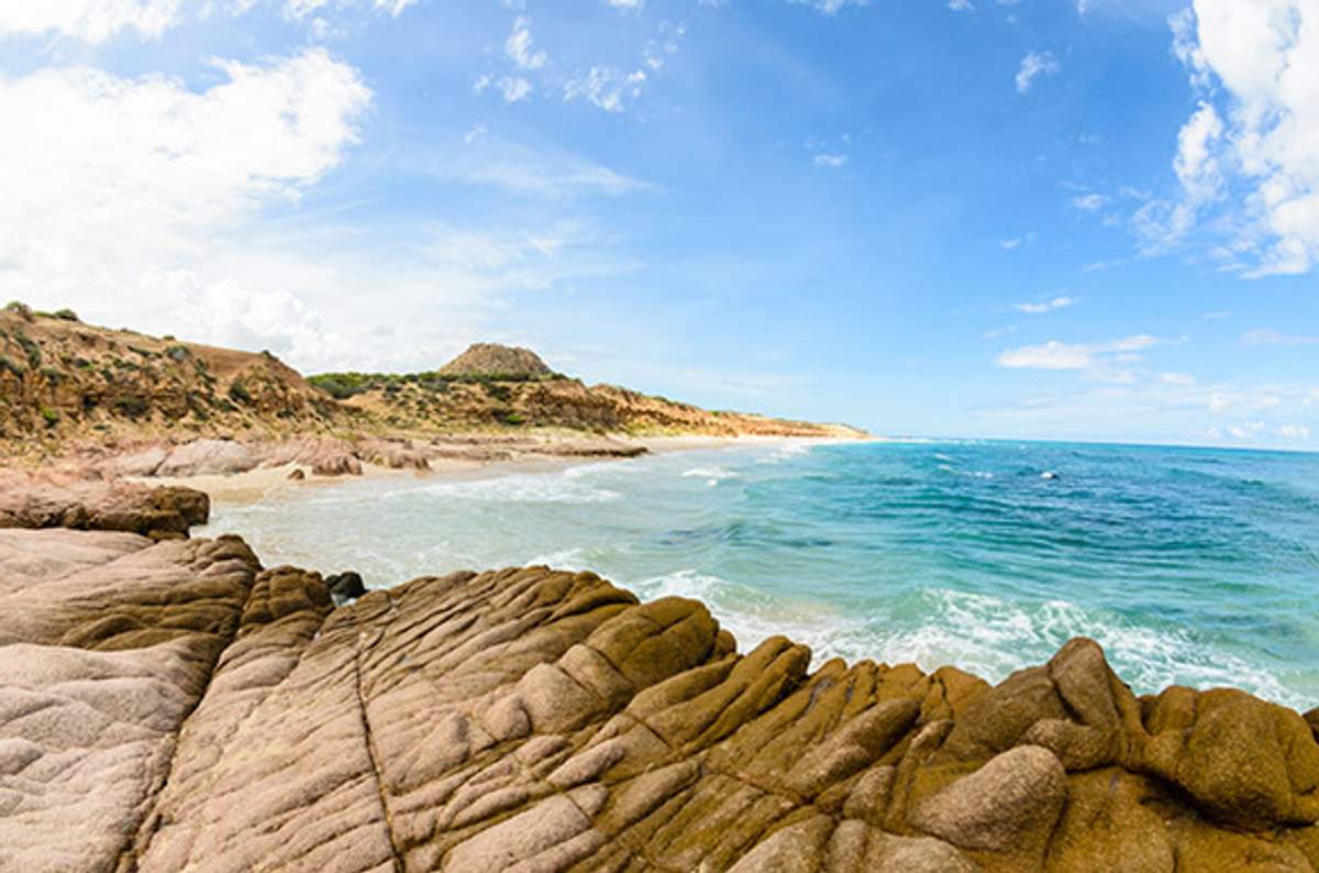 Rocky shoreline of Cabo Pulmo with clear blue water and scenic cliffs under a bright sky, highlighting the area's natural beauty.