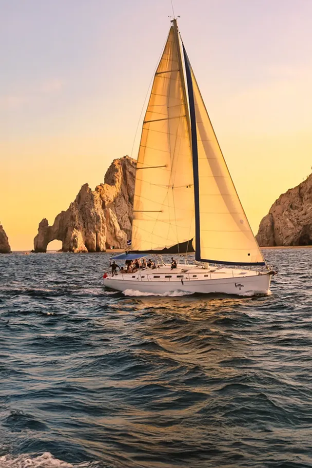 Cabo Sunset cruise near the iconic Arch of Cabo San Lucas, Mexico.