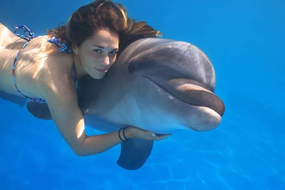 A woman swimming underwater, hugging a friendly dolphin, showcasing their bond and playful interaction.