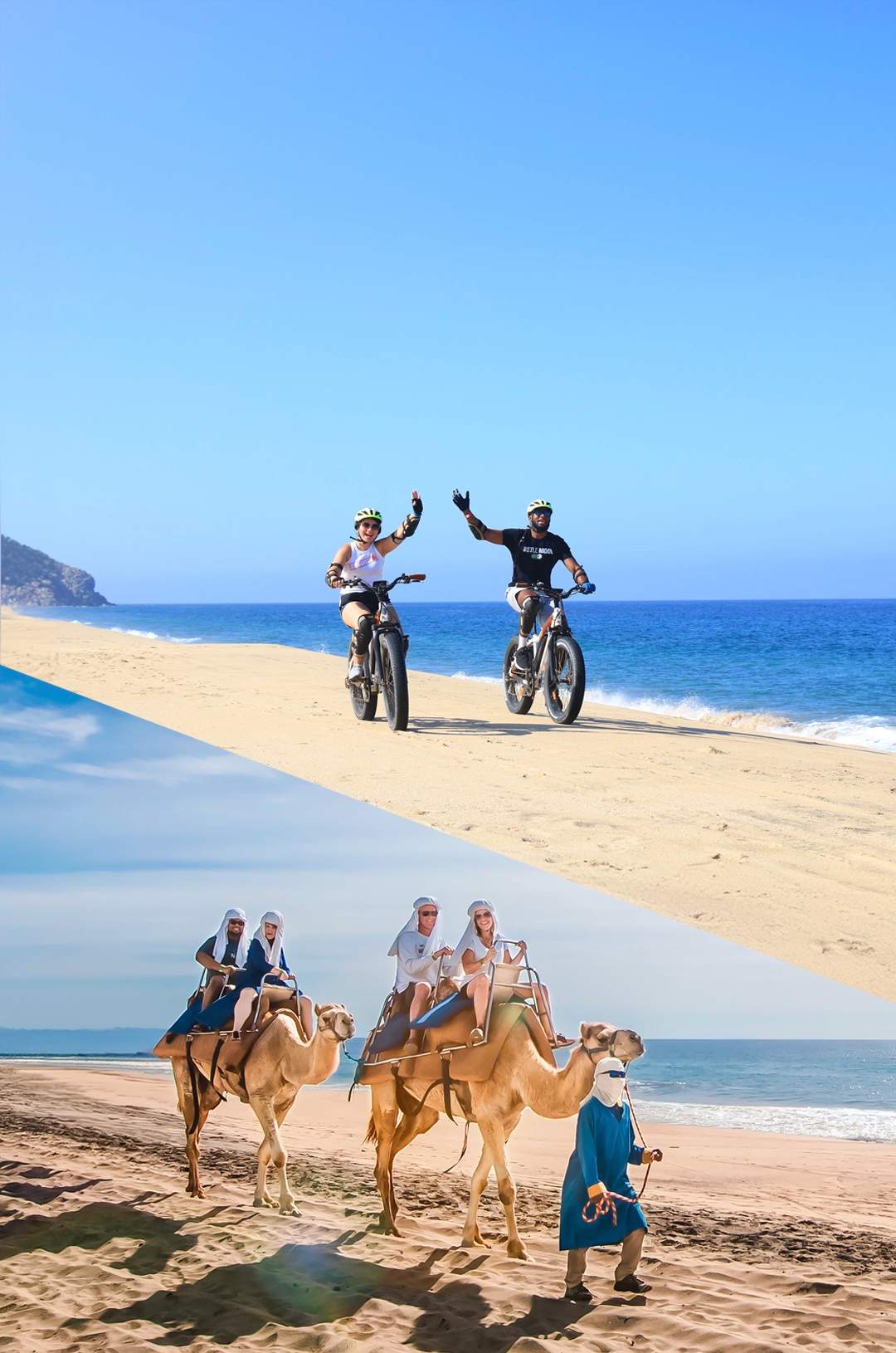 People enjoying a bike ride and a camel safari along the beach in Cabo San Lucas.