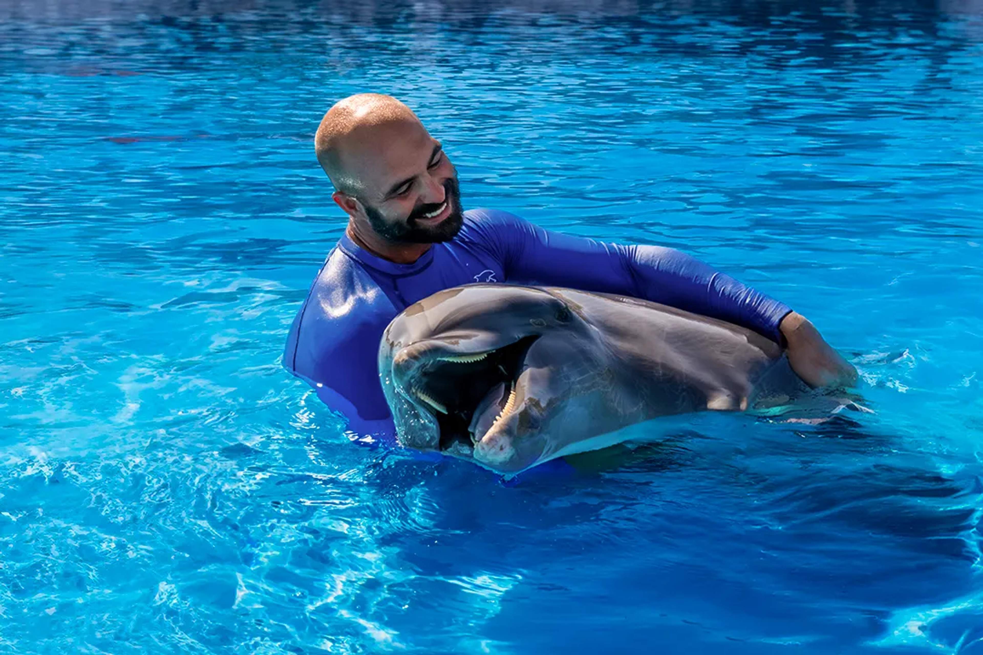 A Man In A Blue Wetsuit Happily Interacts With A Smiling Dolphin In A Pool, With Bright Blue Water As The Backdrop.