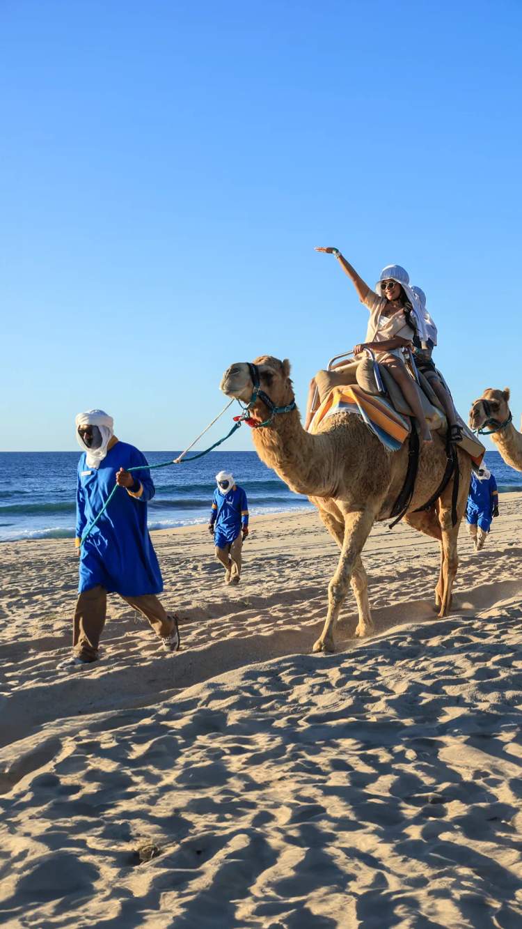 Cabo Adventures' guide leading a group on a camel ride.