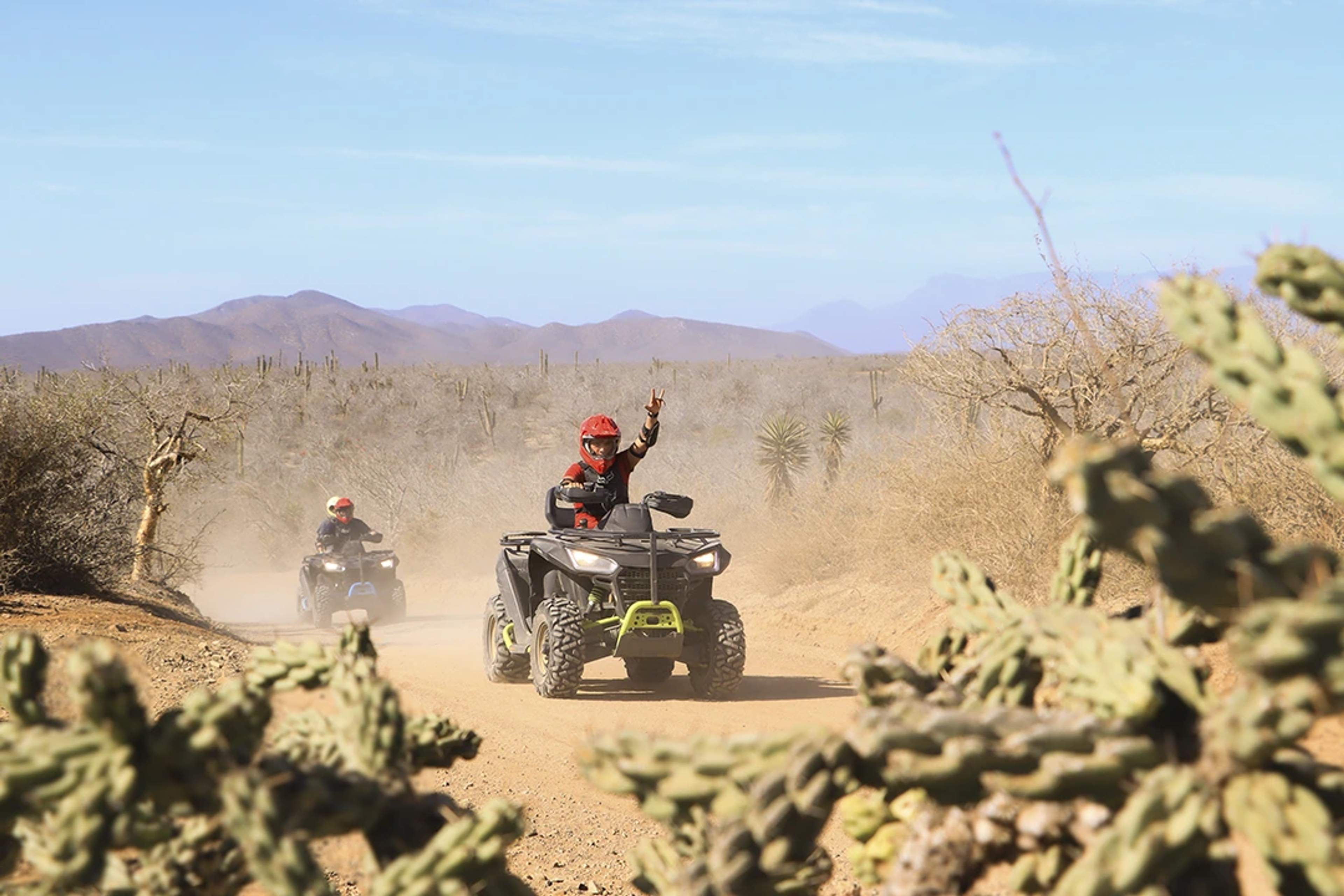 Two people riding ATVs through a dusty desert trail surrounded by cactus, with one rider raising a hand in excitement.