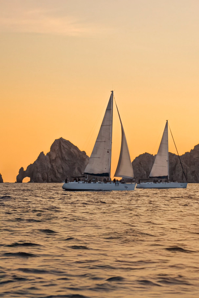 Two sailboats cruise near Cabo’s Arch at sunset, with a warm orange sky and iconic rock formations in the background.