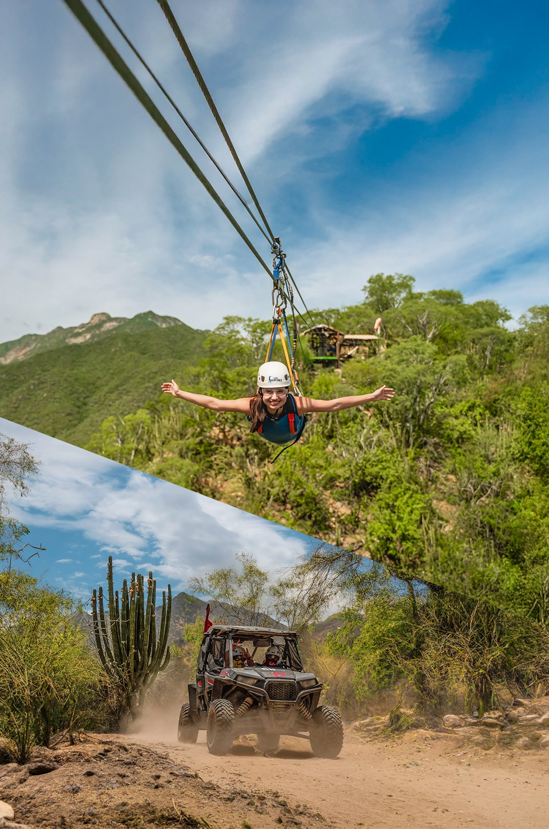 A woman zip-lining over a lush green forest, arms outstretched, smiling, wearing a helmet and harness.
