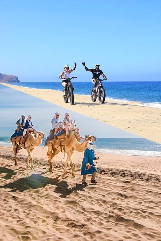 Woman with a camel and UTV on the beach, blending adventure and nature in Cabo San Lucas.