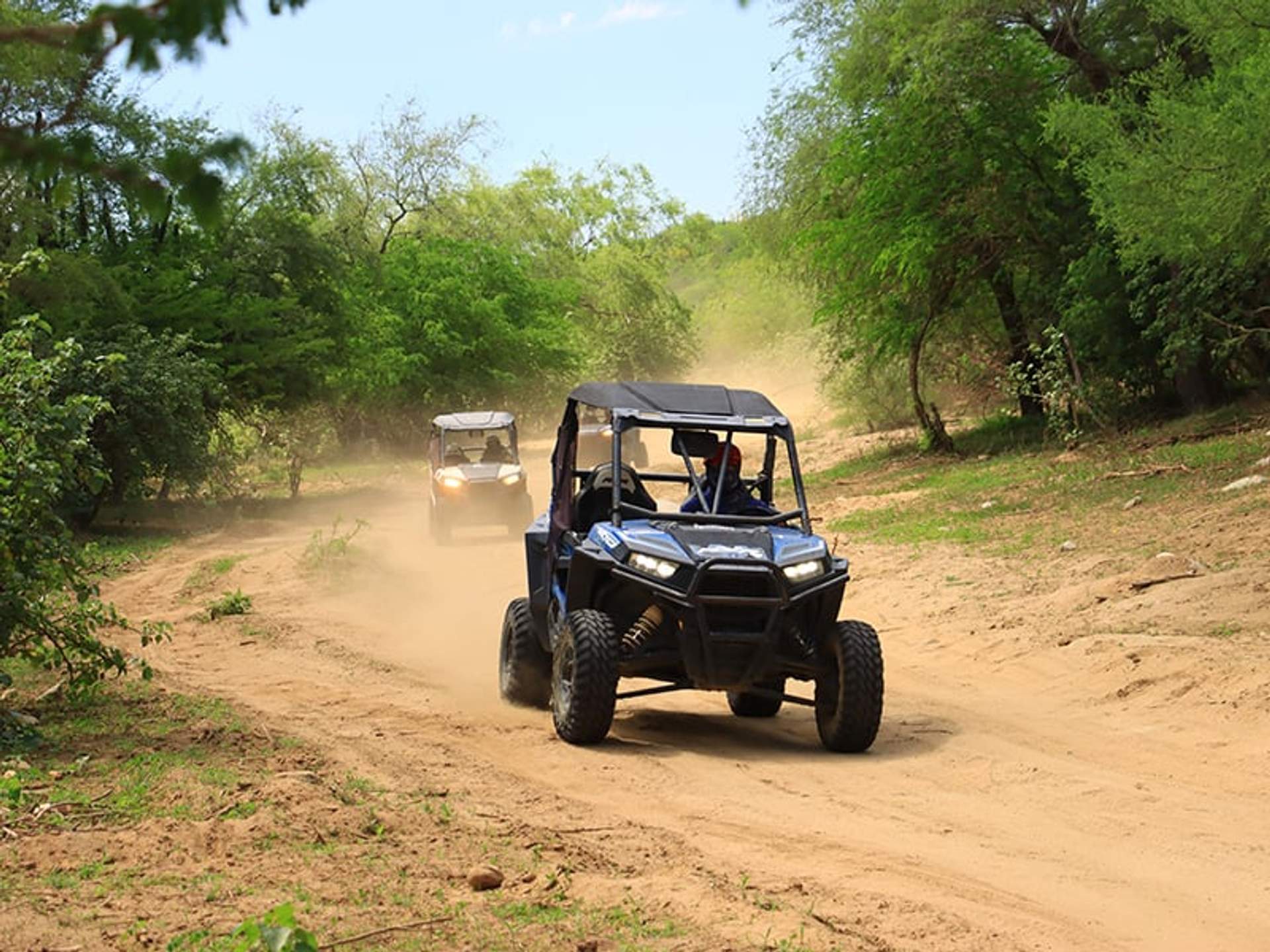 Two off-road vehicles drive on a dirt path through a forested area on a sunny day.