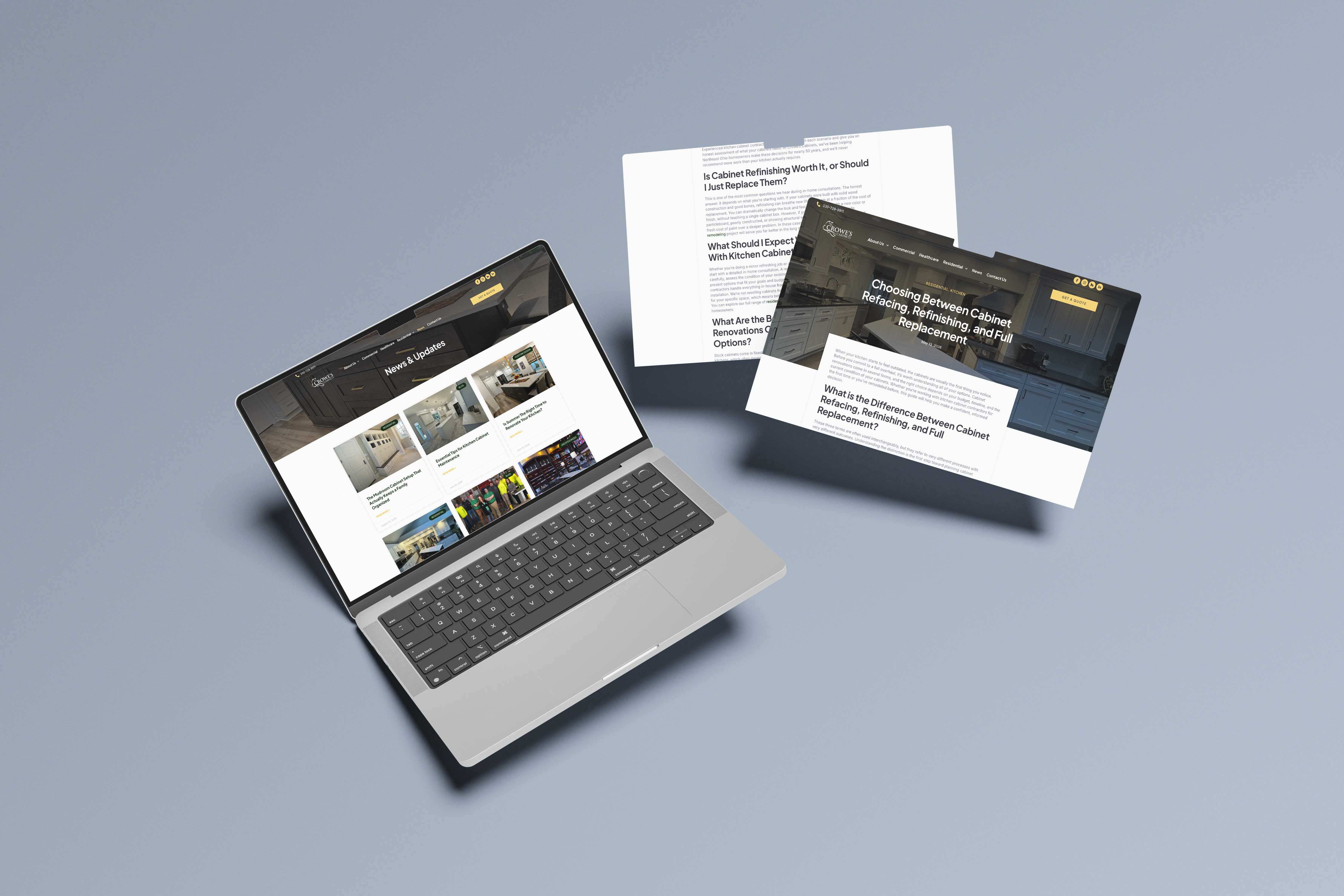 Computer open to Crowe's Cabinets website showing different pages on the site.
