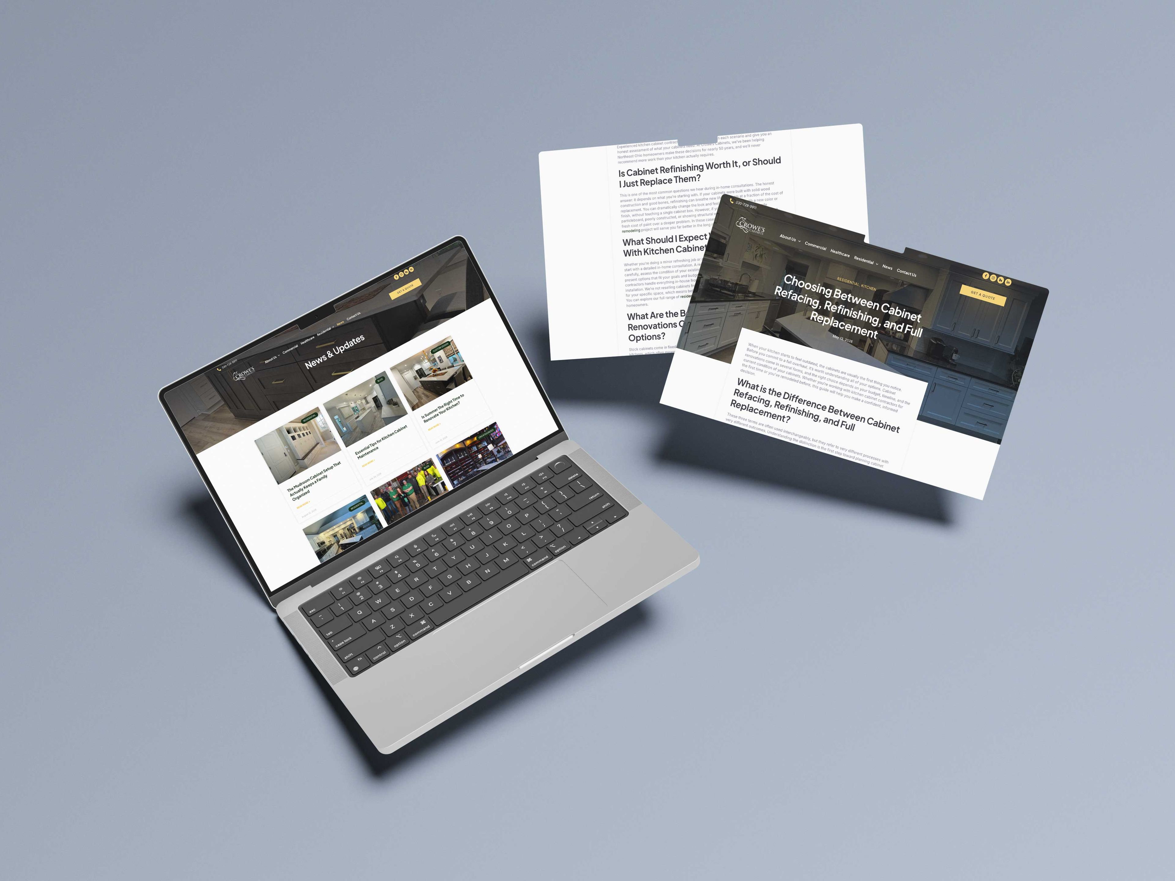 Computer open to Crowe's Cabinets website showing different pages on the site.