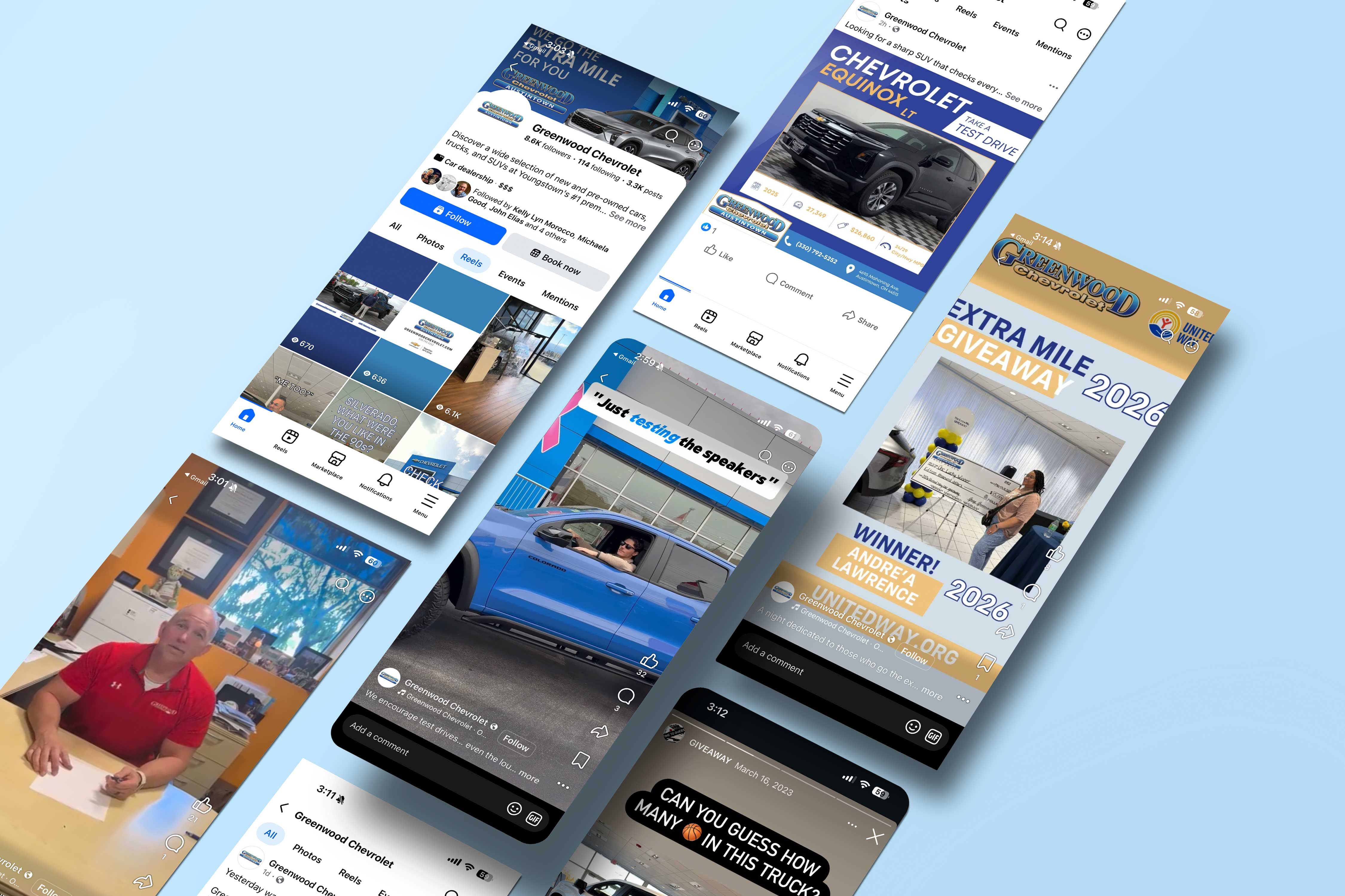 Greenwood Chevrolet's social media displayed on mobile devices.