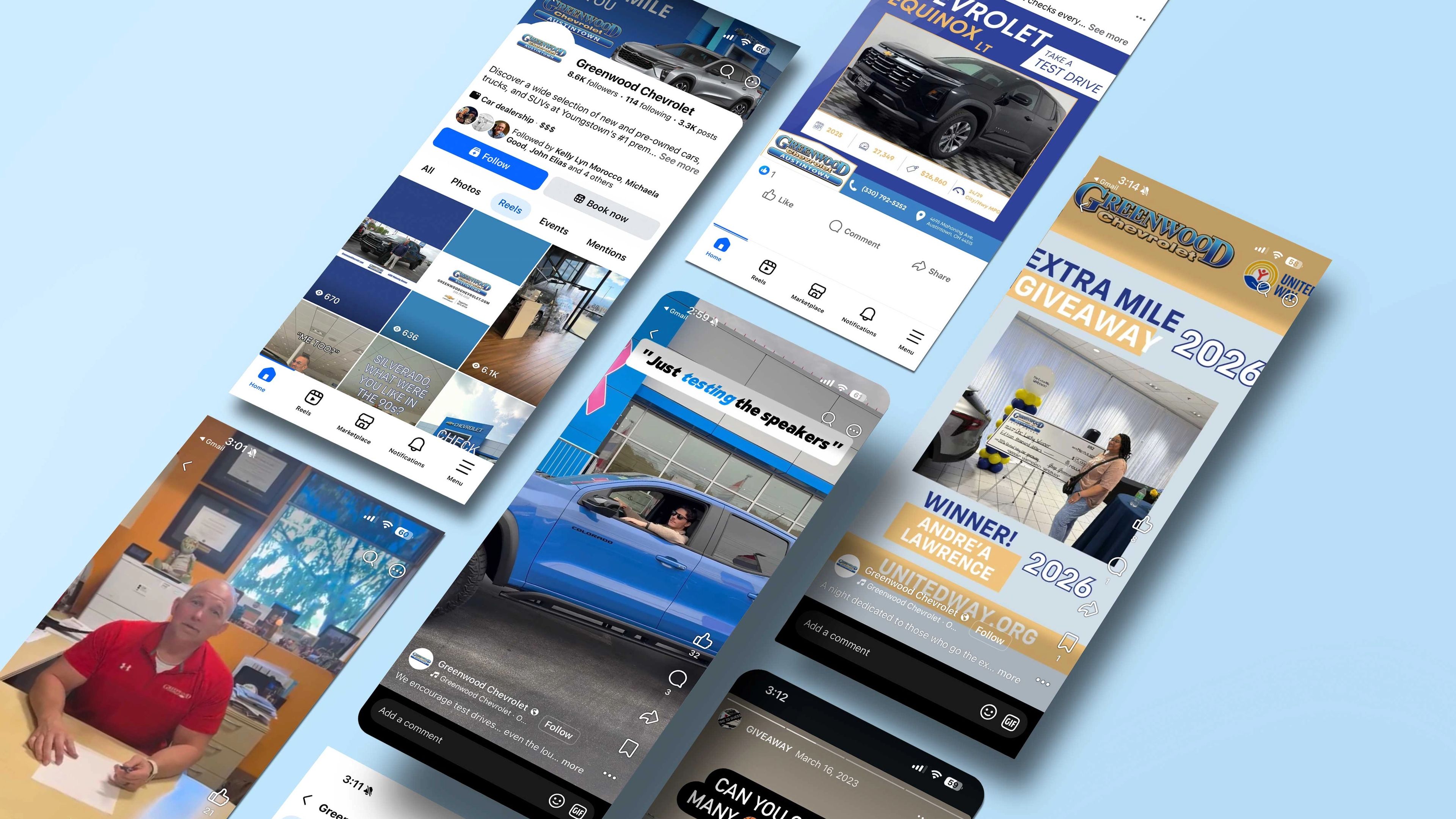 Greenwood Chevrolet's social media displayed on mobile devices.