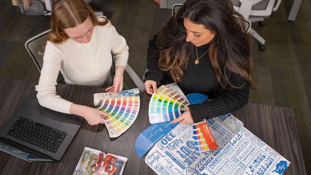898 Marketing designers reviewing Pantone color swatches and brand style guide materials