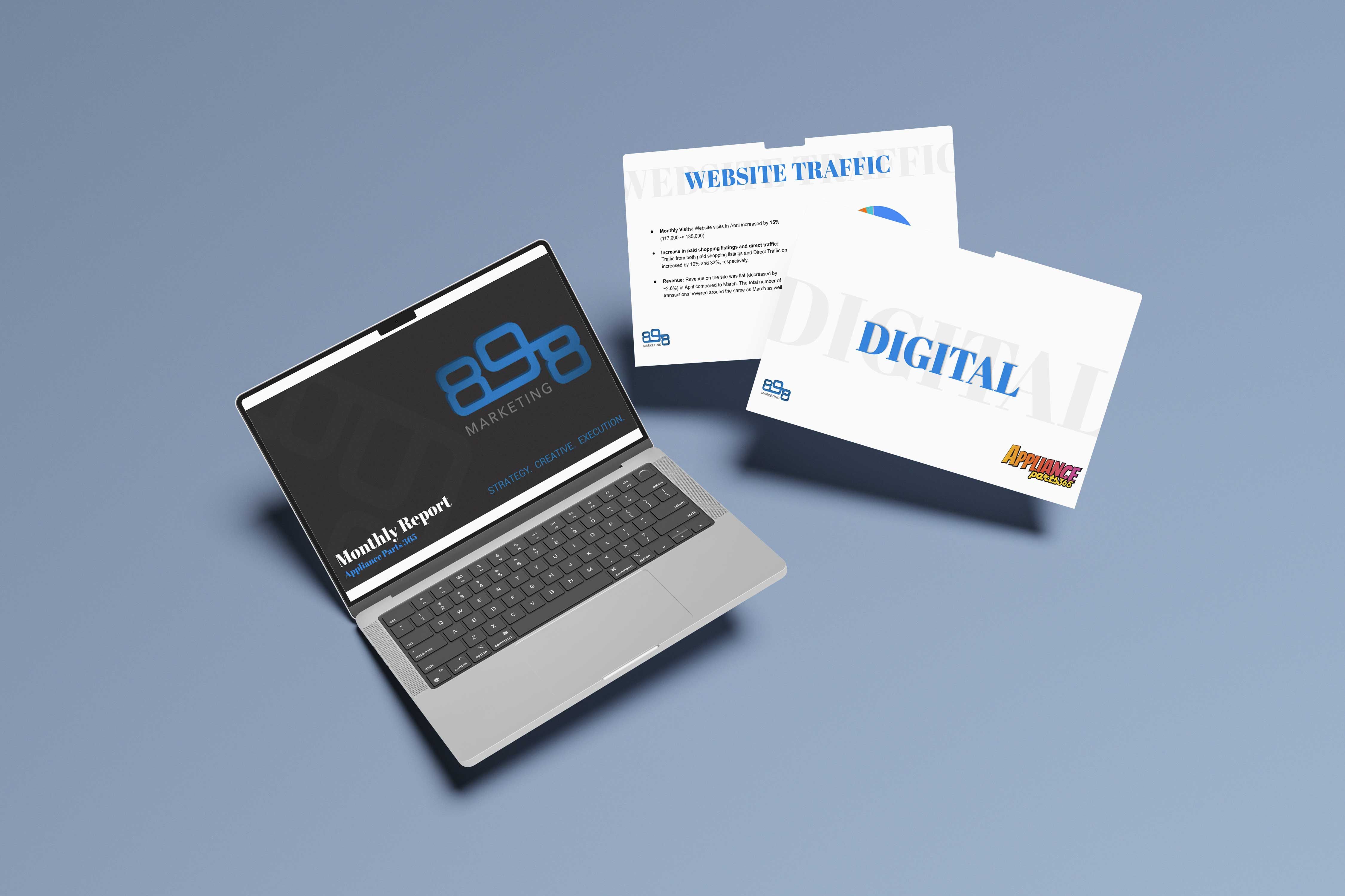A computer displaying 898 Marketing's monthly report for appliance 365