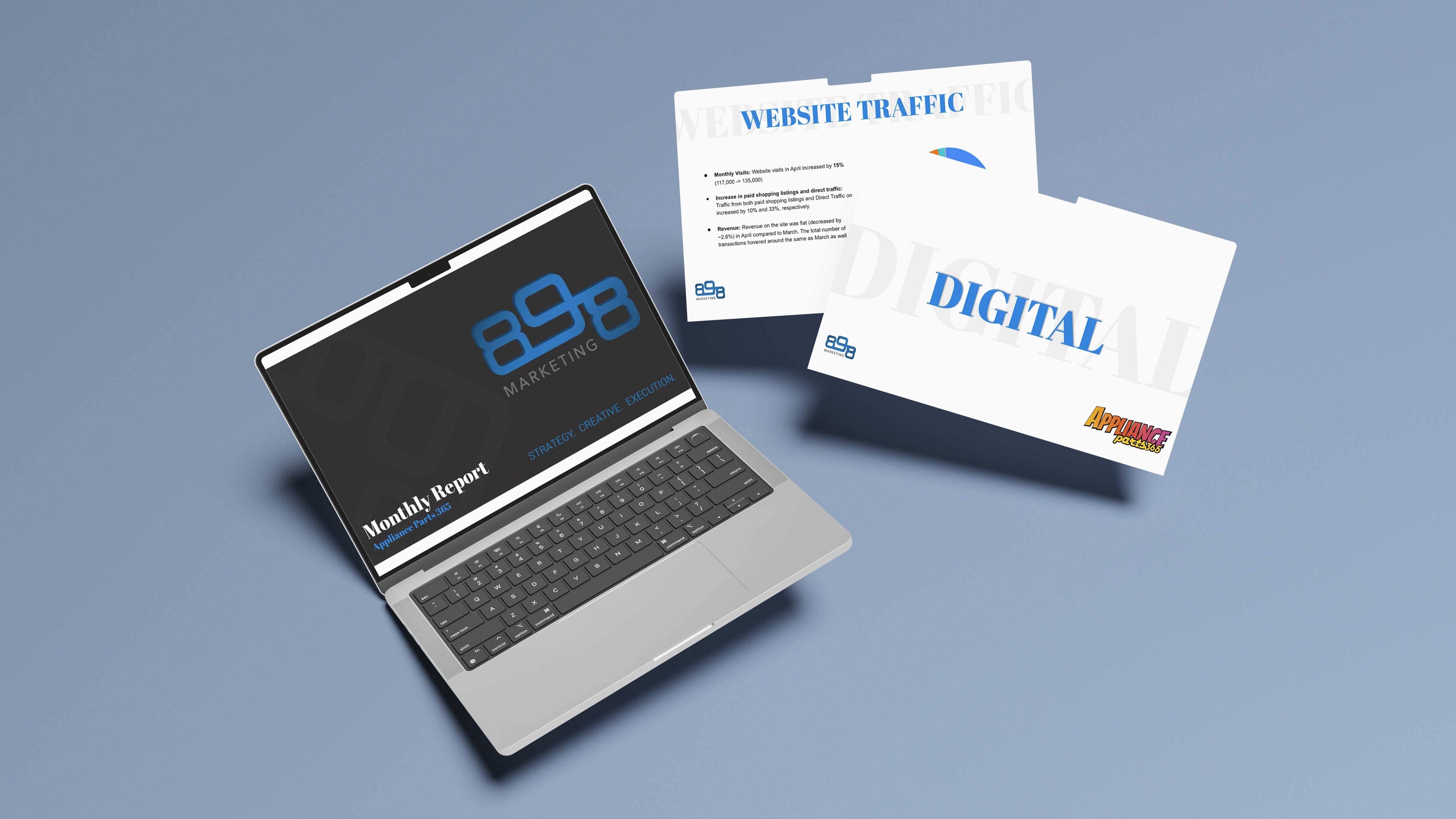 A computer displaying 898 Marketing's monthly report for appliance 365