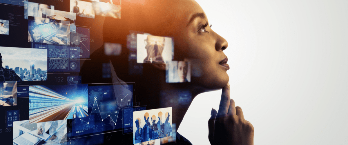 Woman smiling with looking up with images floating