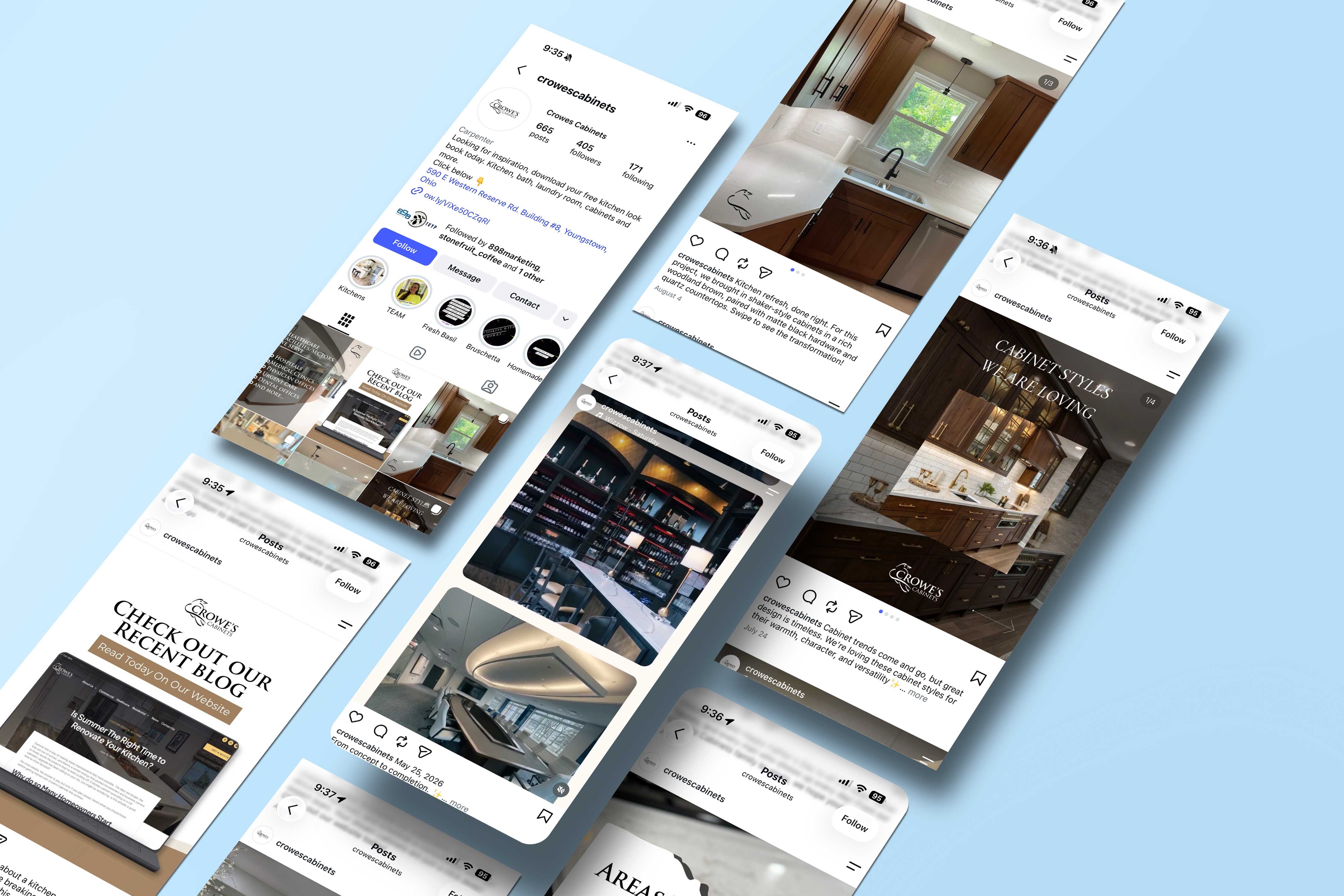 Mobile phone showing Crowes Cabinets social media accounts and website.