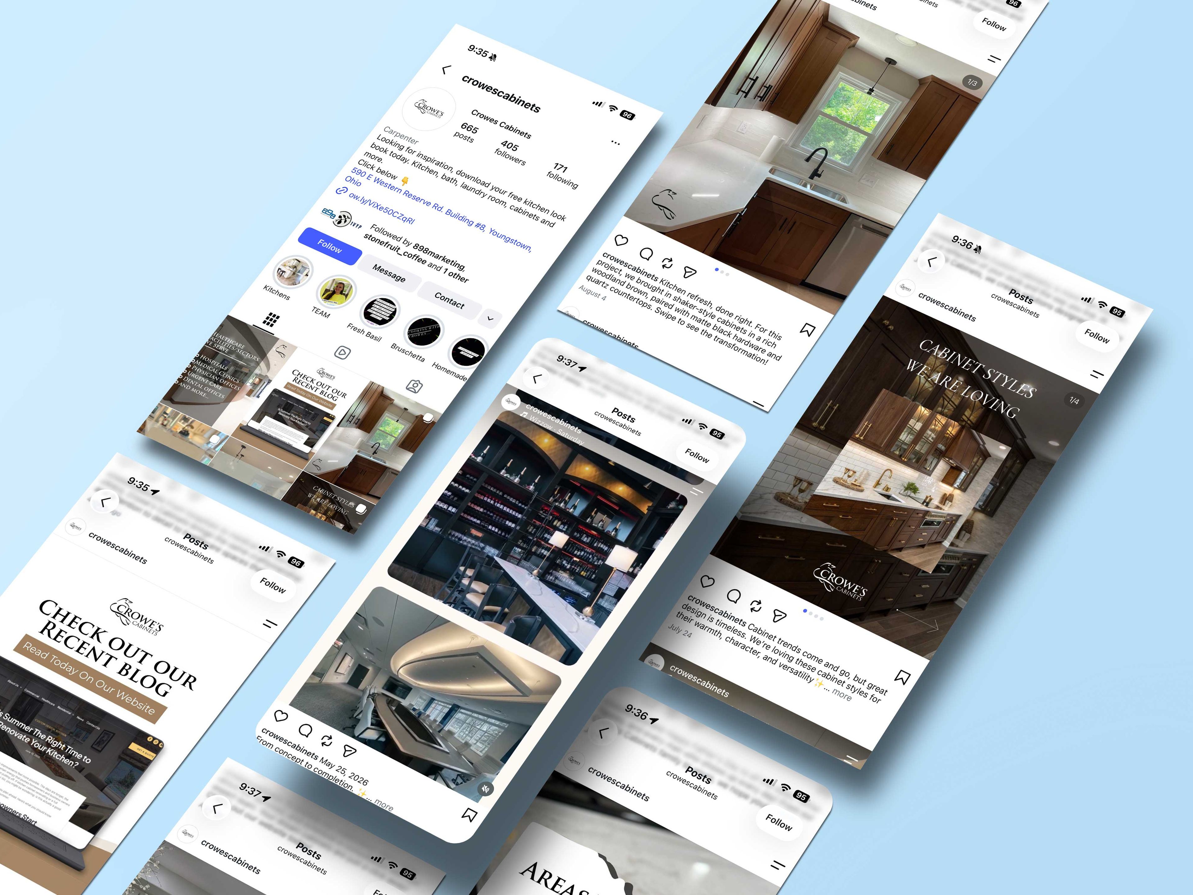 Mobile phone showing Crowes Cabinets social media accounts and website.