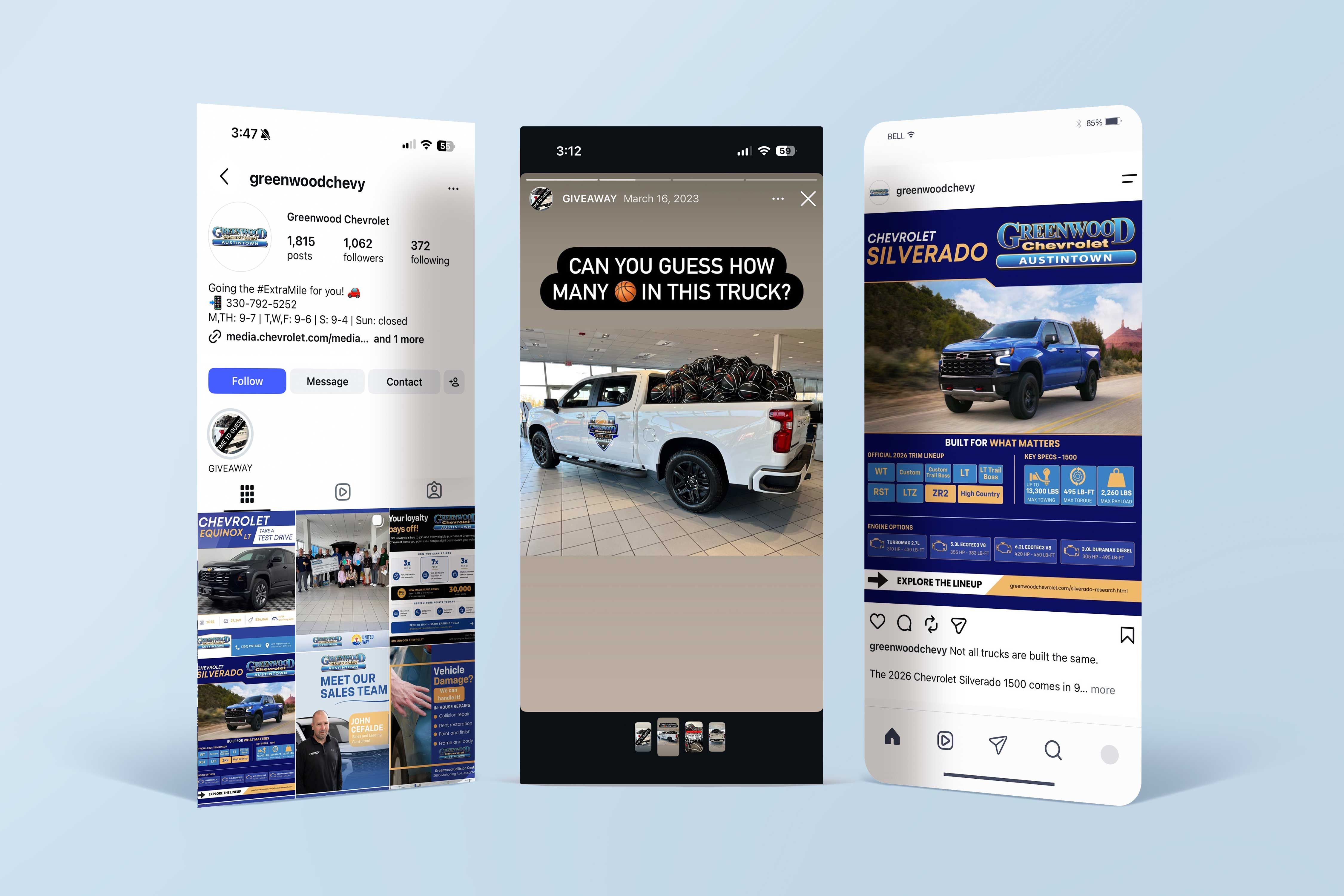 Greenwood Chevrolet's social media displayed on mobile devices.