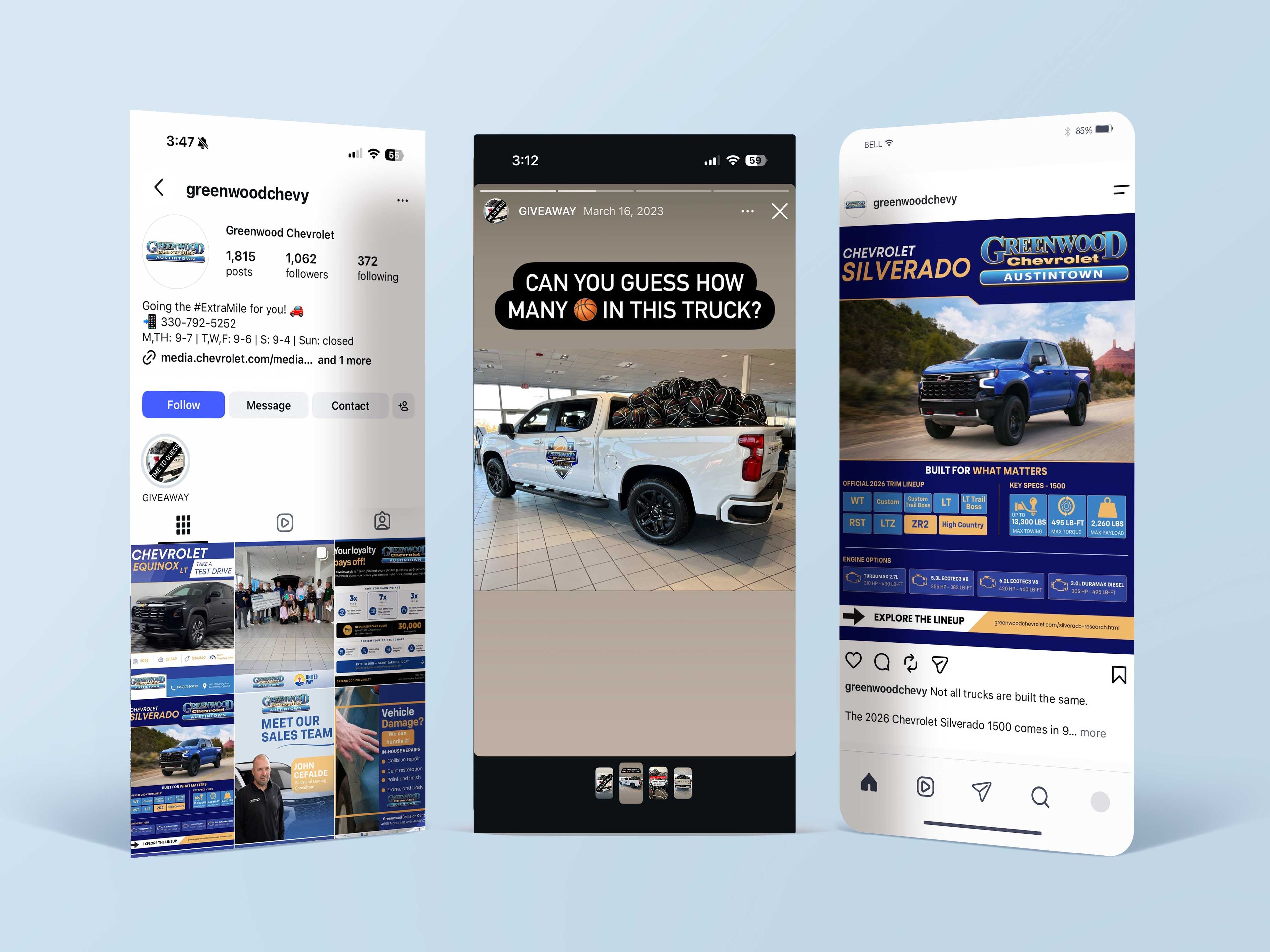 Greenwood Chevrolet's social media displayed on mobile devices.