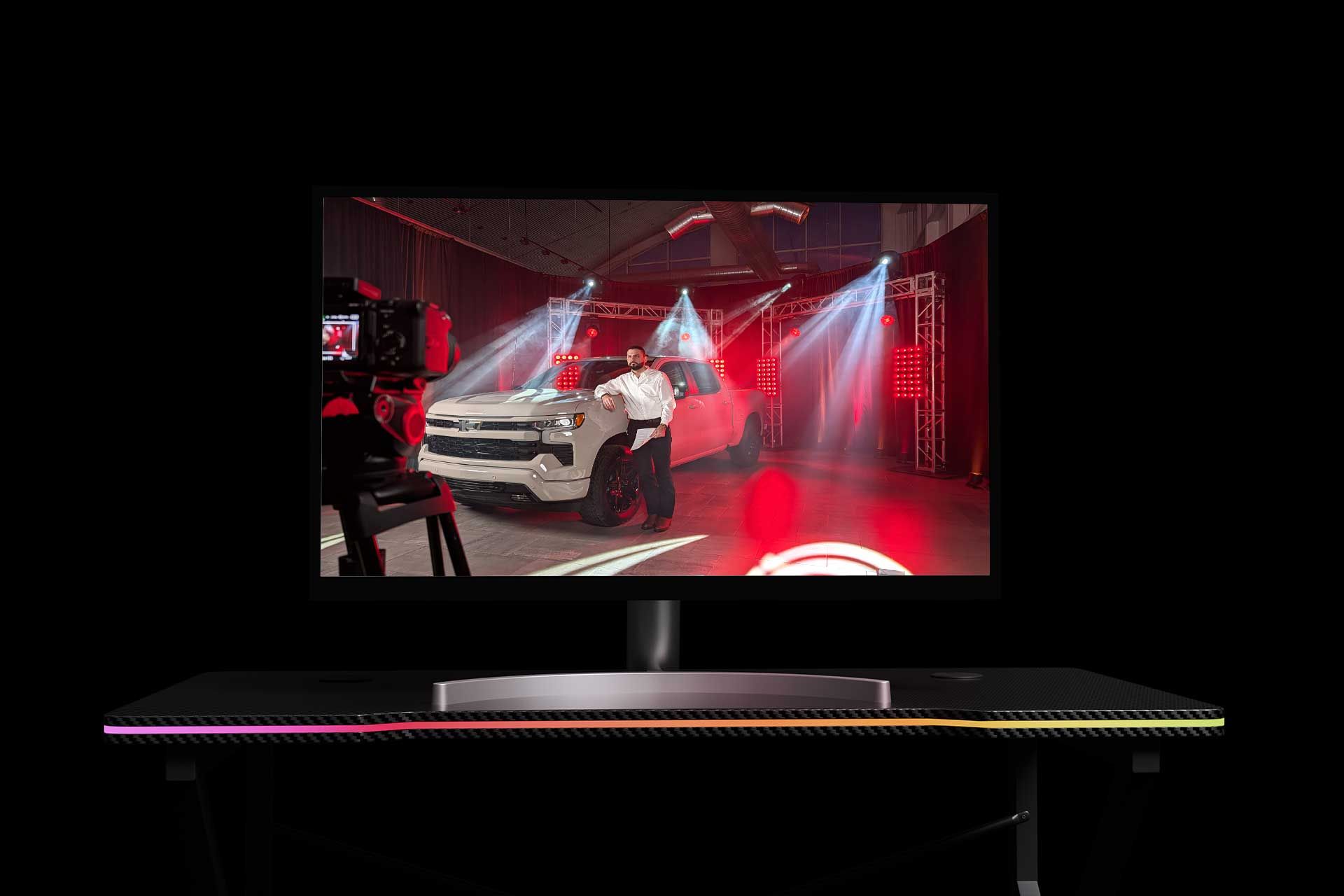 A computer displaying video production 898 Marketing created for Greenwood Chevrolet.