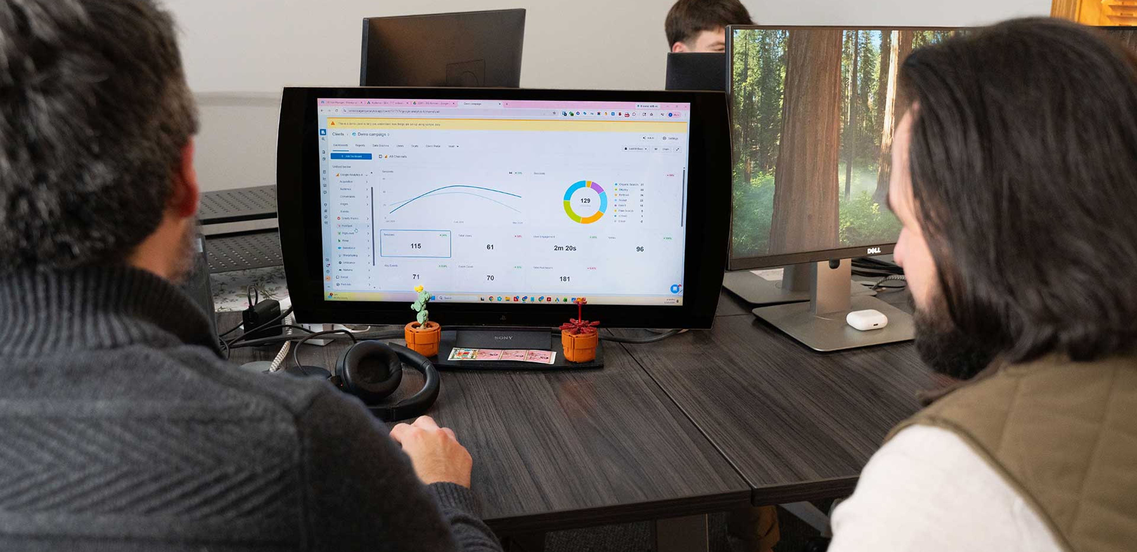 898 Marketing team reviewing a paid advertising campaign dashboard