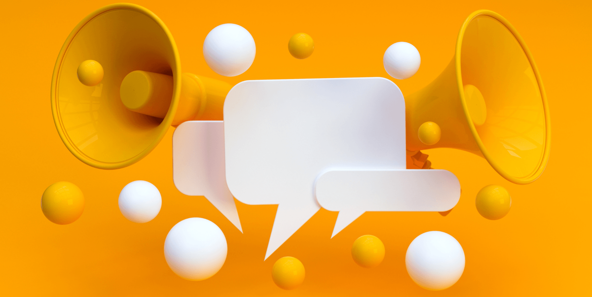 Orange graphic with megaphones and chat boxes
