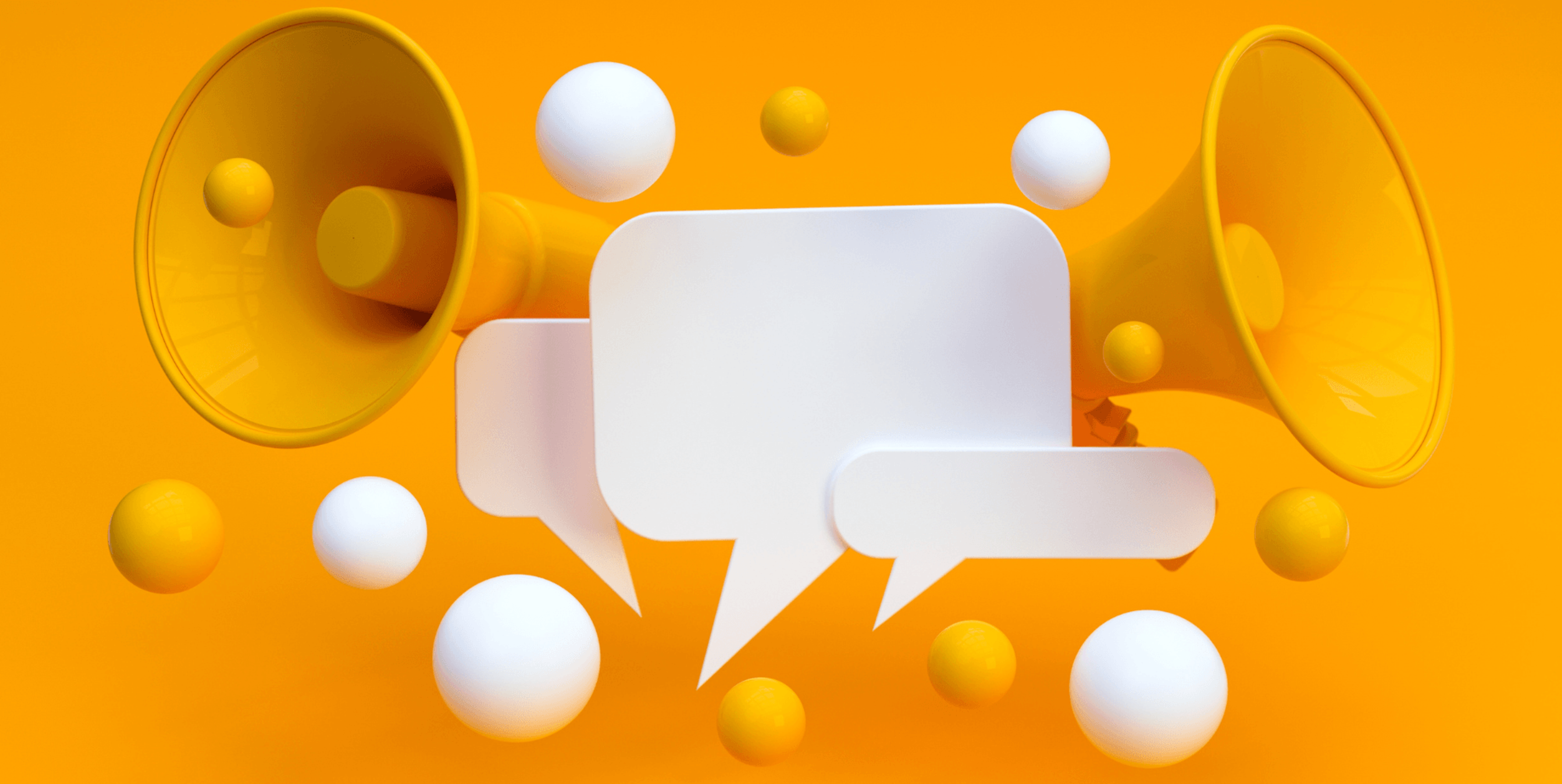 Orange graphic with megaphones and chat boxes