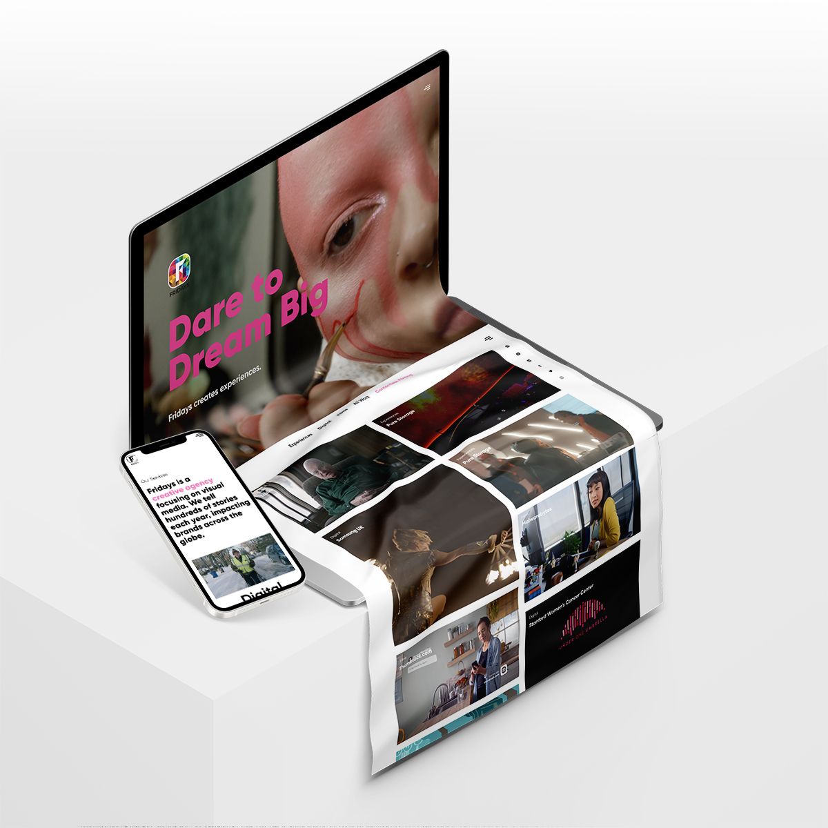 mockup showing fridays films on desktop and mobile