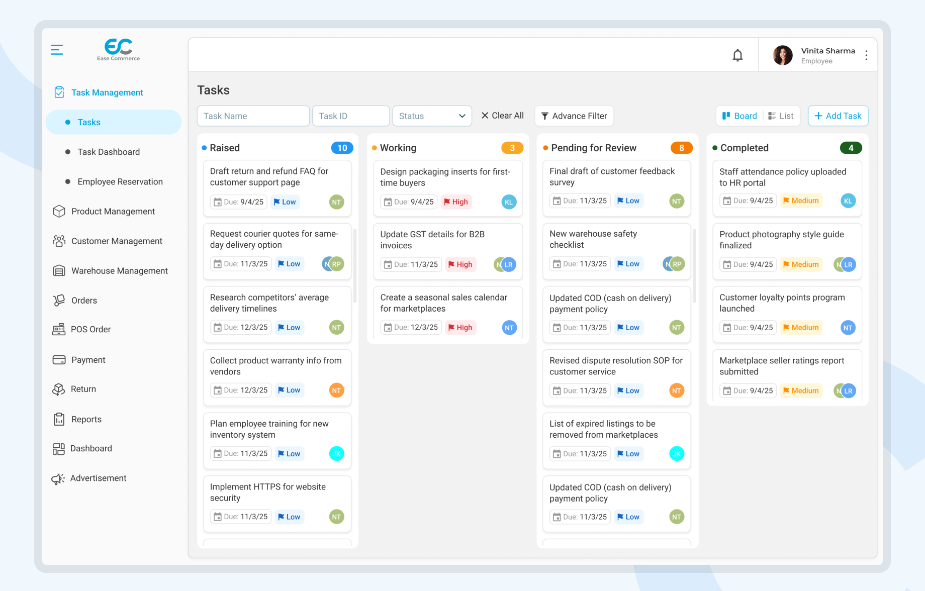 Ease Commerce Task Board View Dashboard