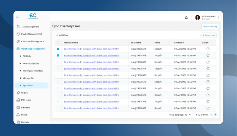 Ease Commerce Sync Inventory Error Dashboard View
