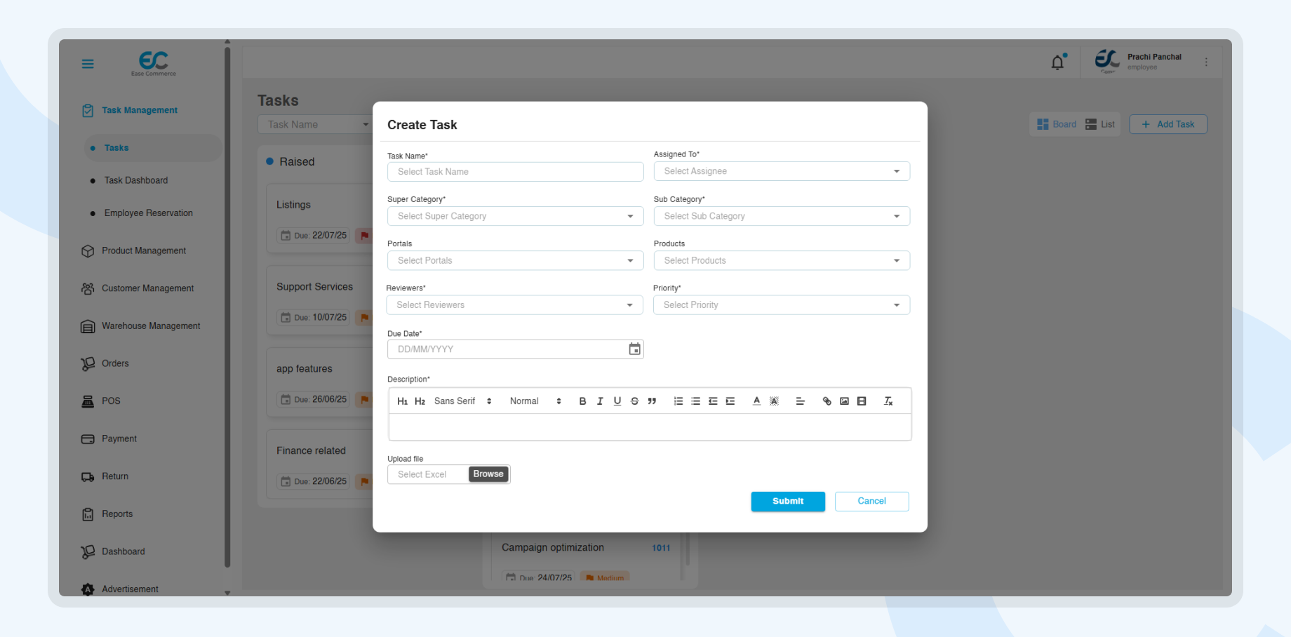 Task Creation in Ease Commerce Task Management Software