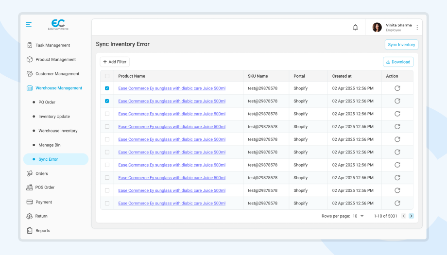 Ease Commerce Sync Inventory Error Dashboard View