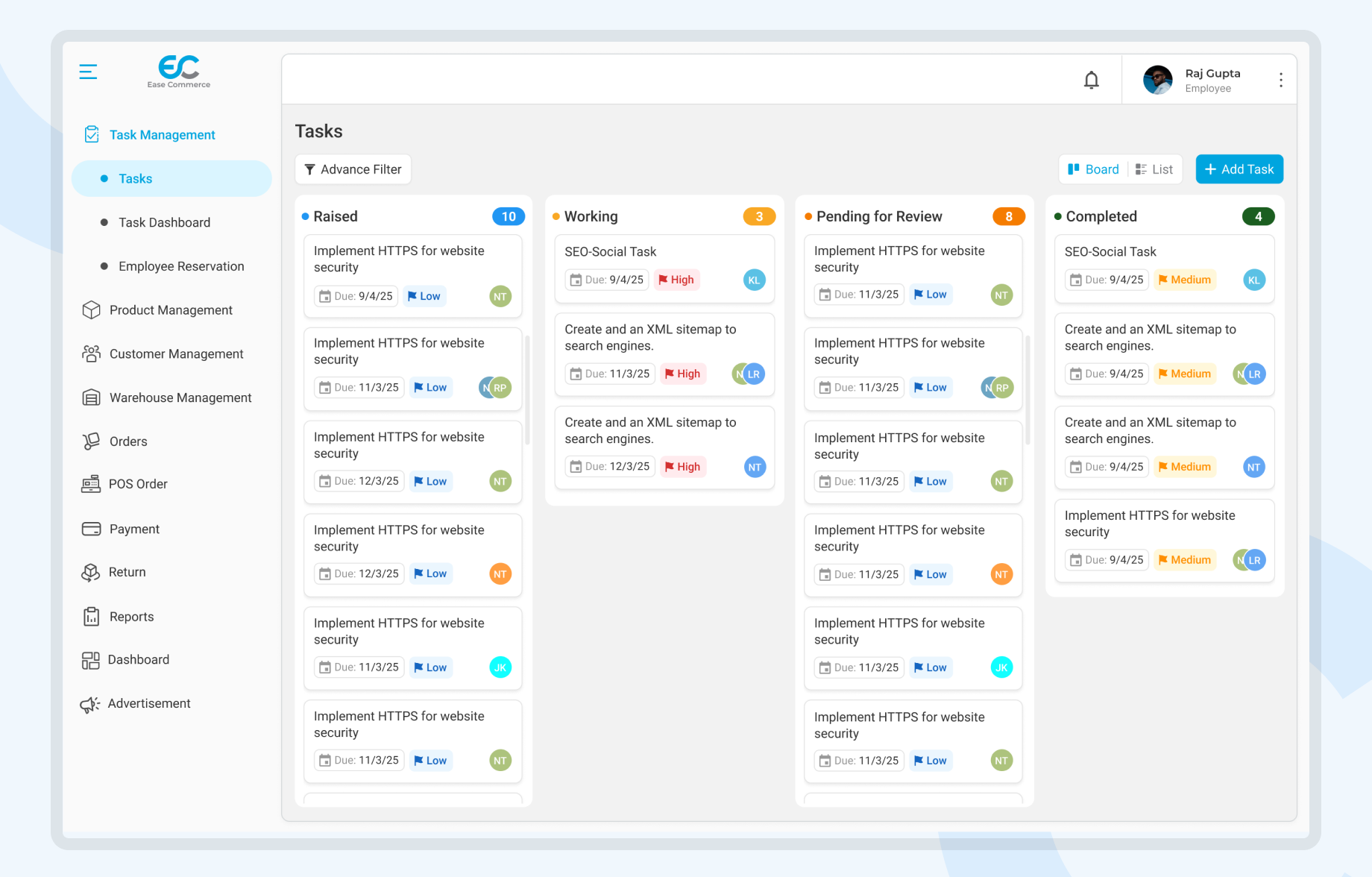 Ease Commecer Task Board View Dashboard