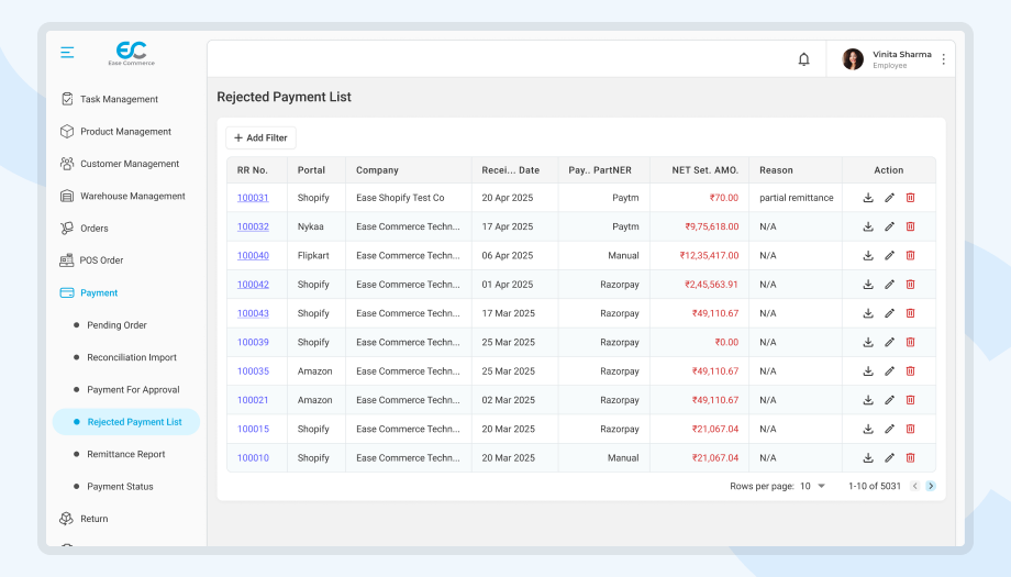 Rejected payment list from Ease Commerce dashboard