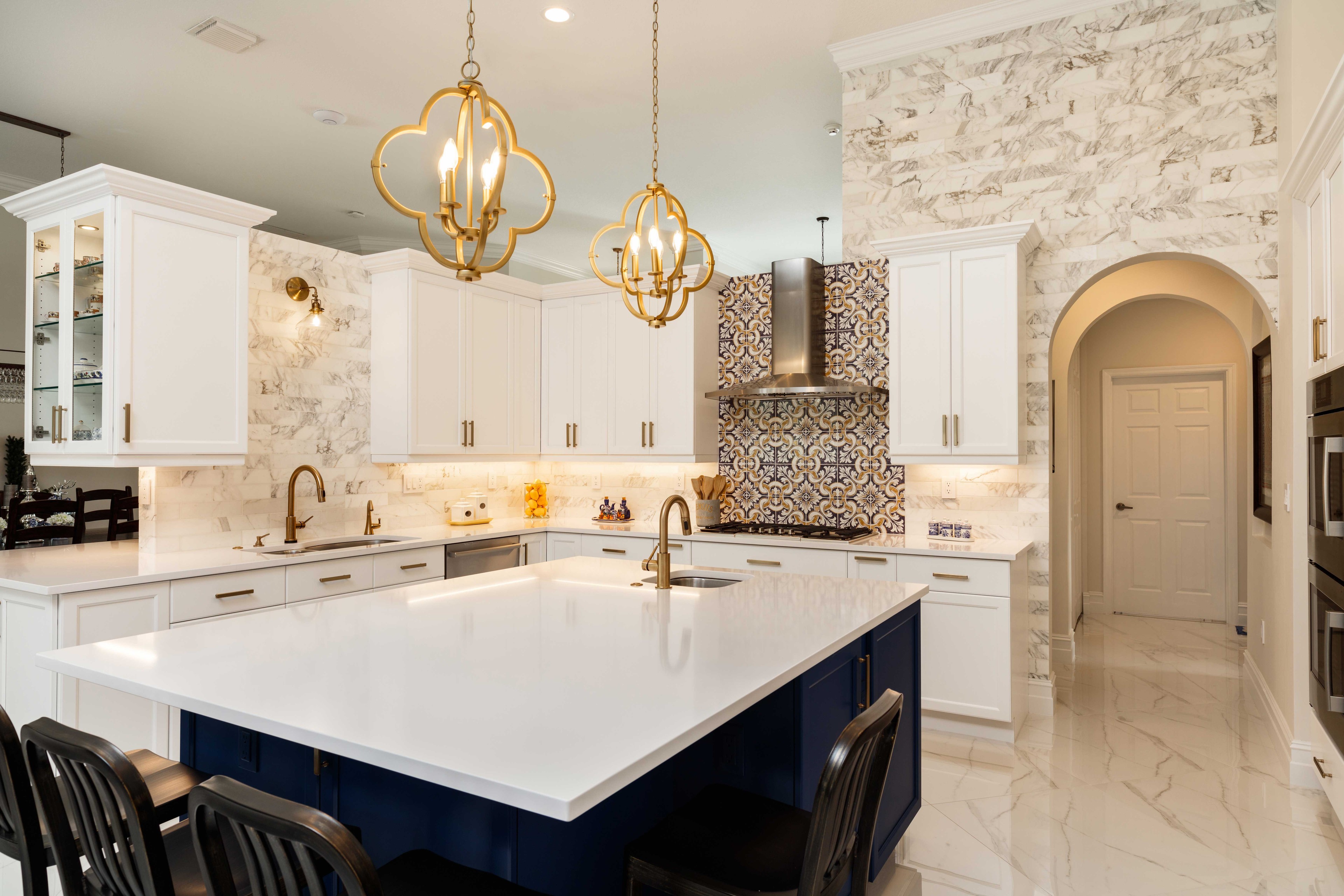 Marble tile kitchen countertop and backsplash detail
