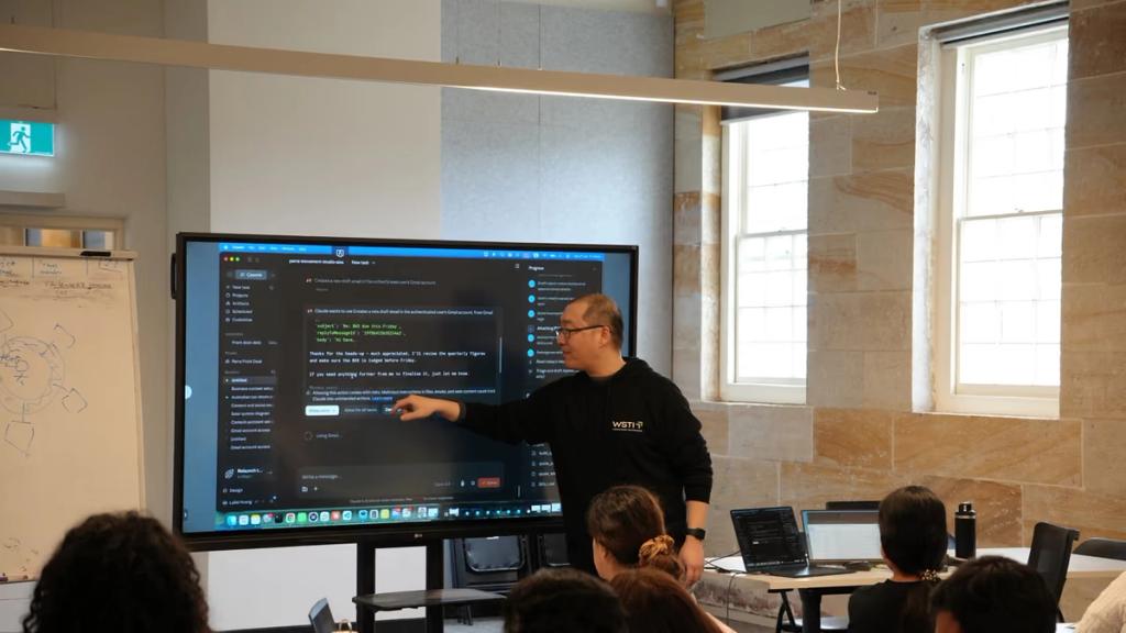 A build shown live on screen while the room follows along.