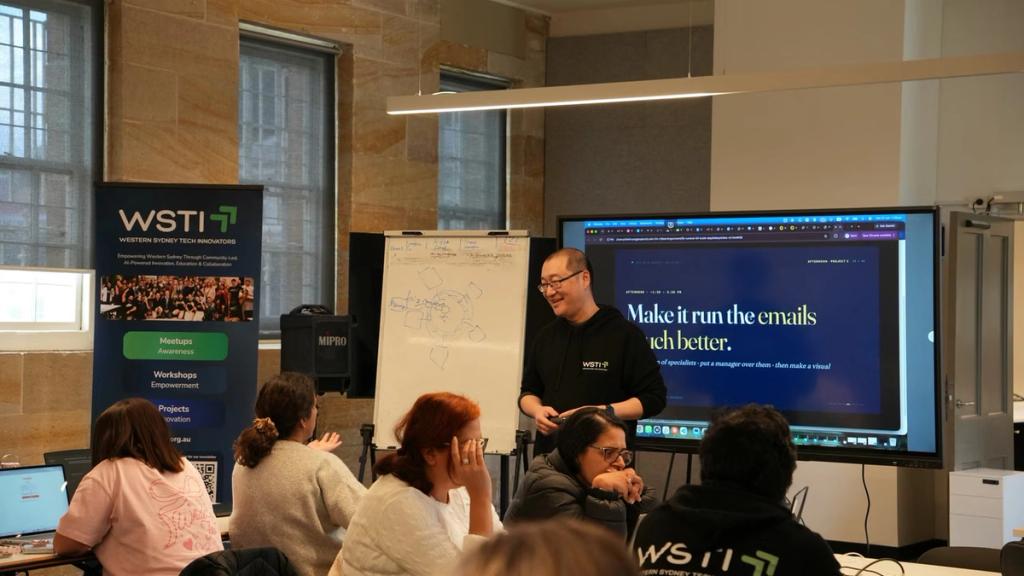 Lailei Huang presenting an AI automation workshop, attendees following on their laptops.