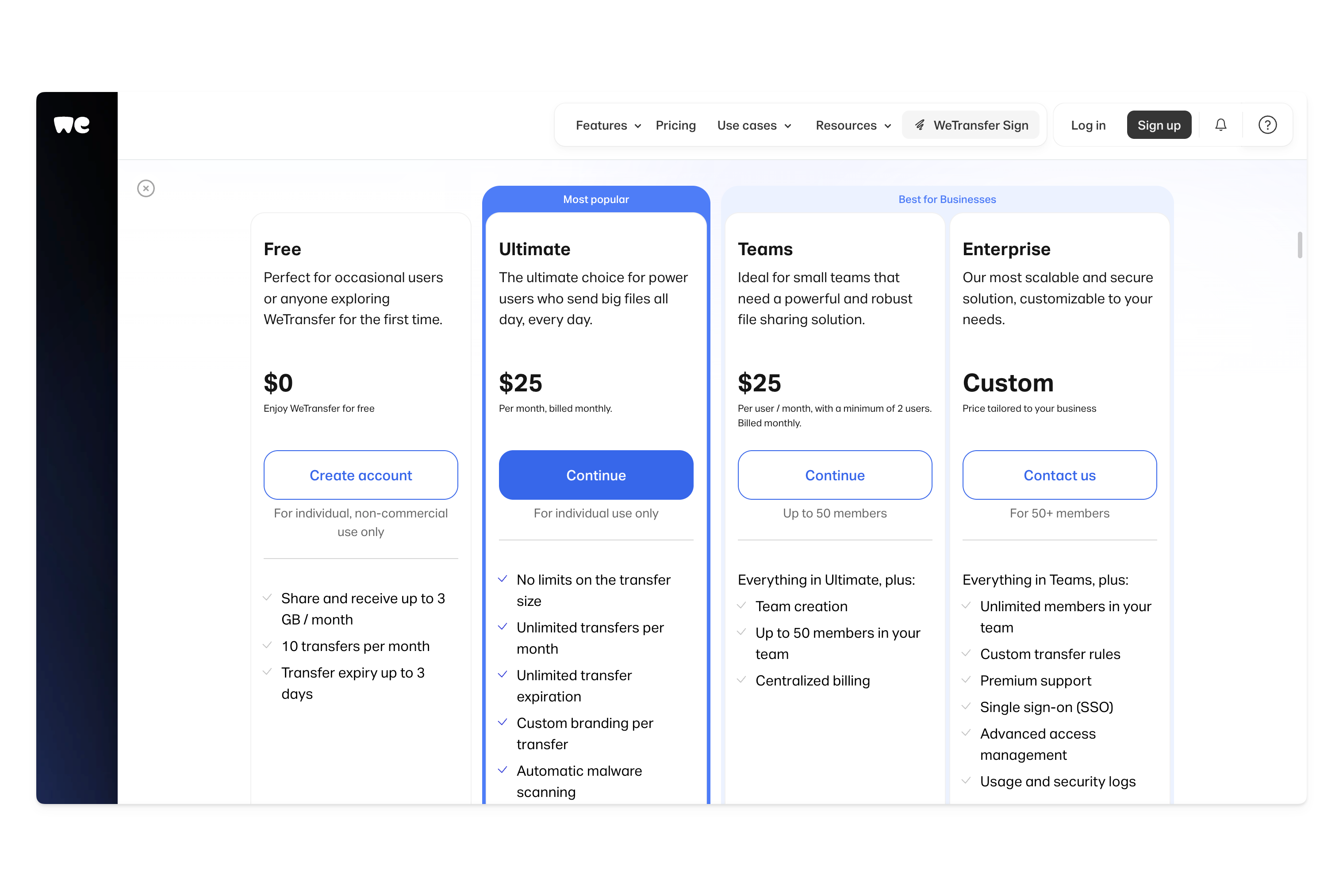 WeTransfer base pricing starts at $25 per month