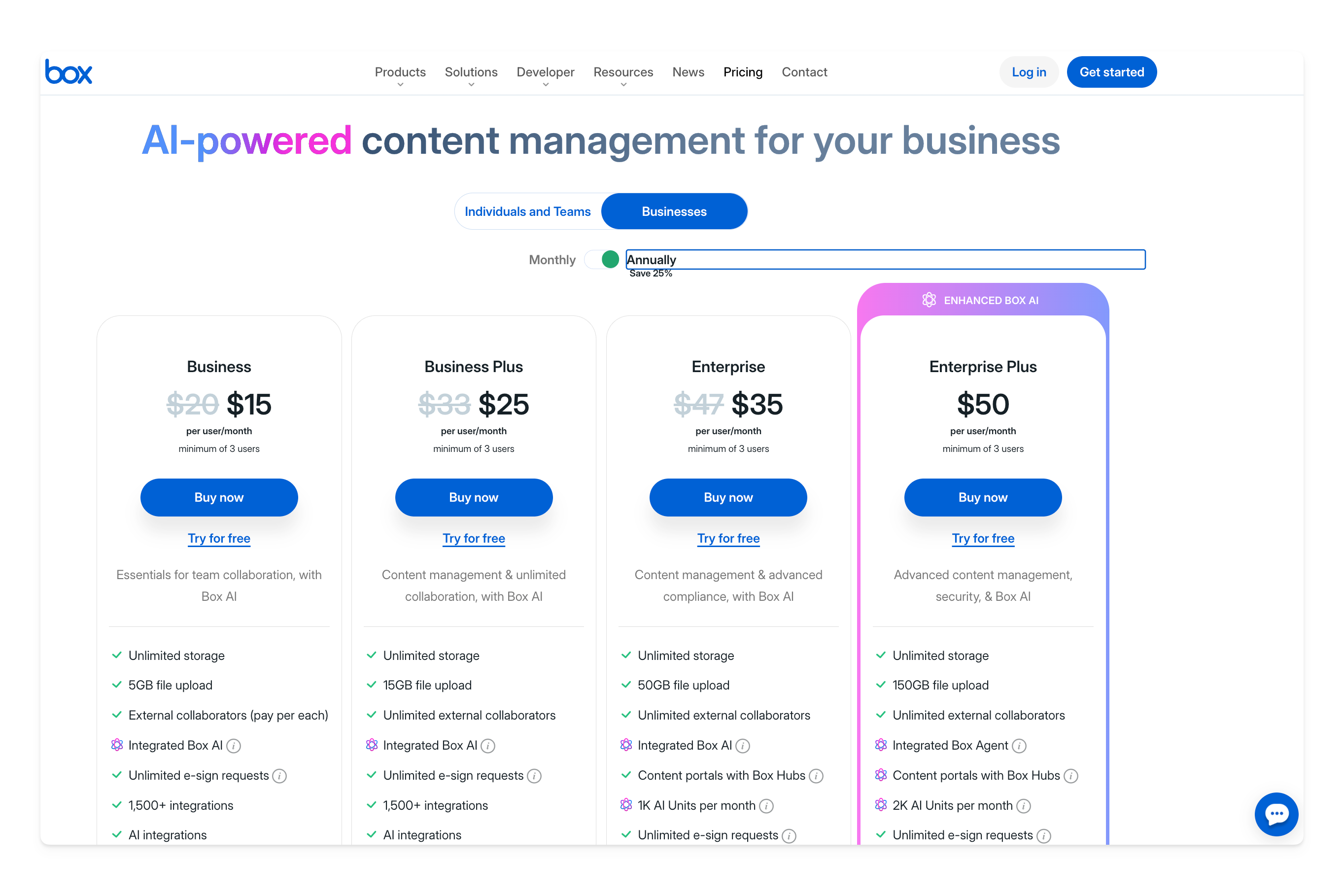 Box Business start at $15 per user, per month.