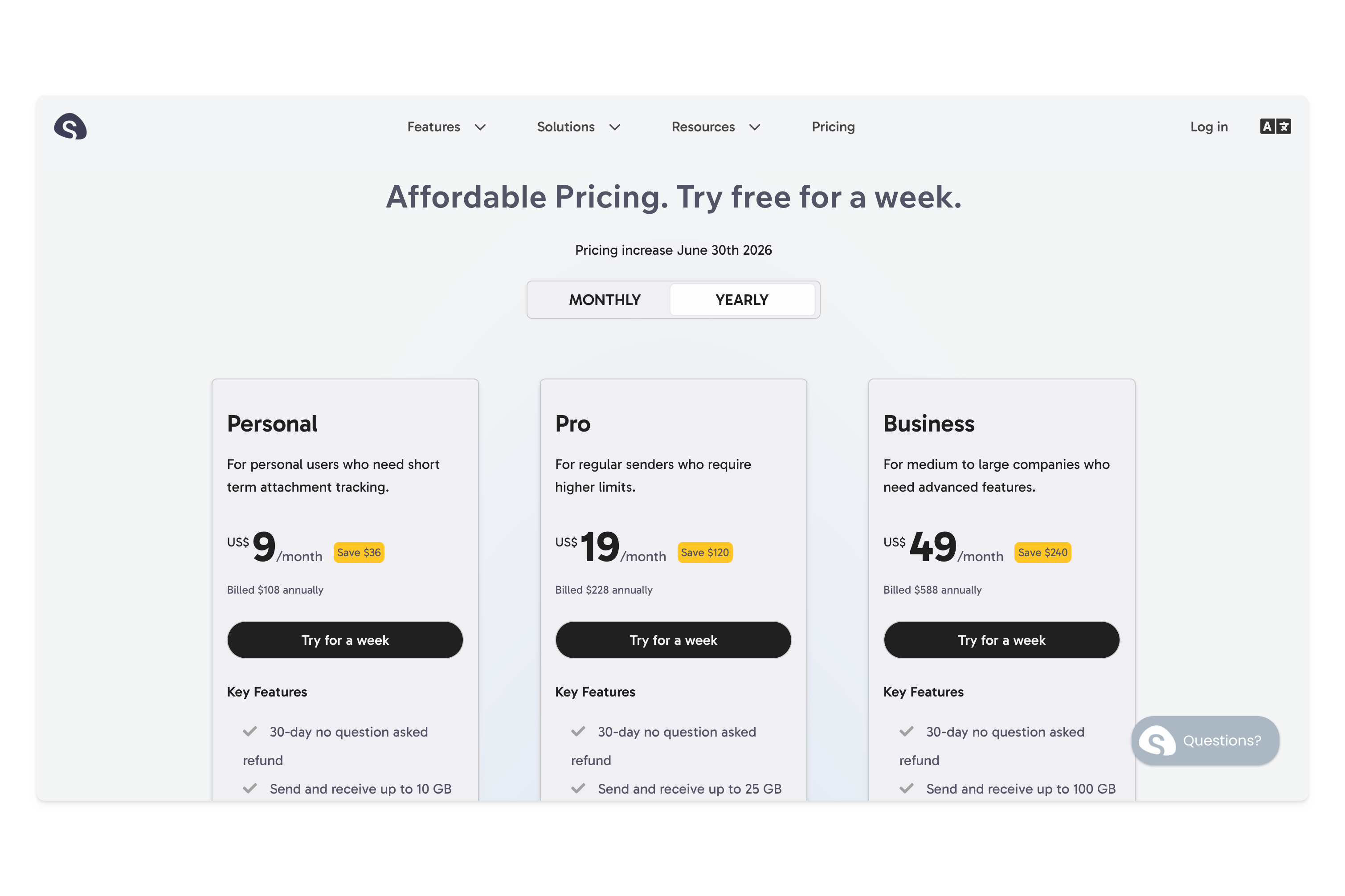 Sinosend pricing as June 2026