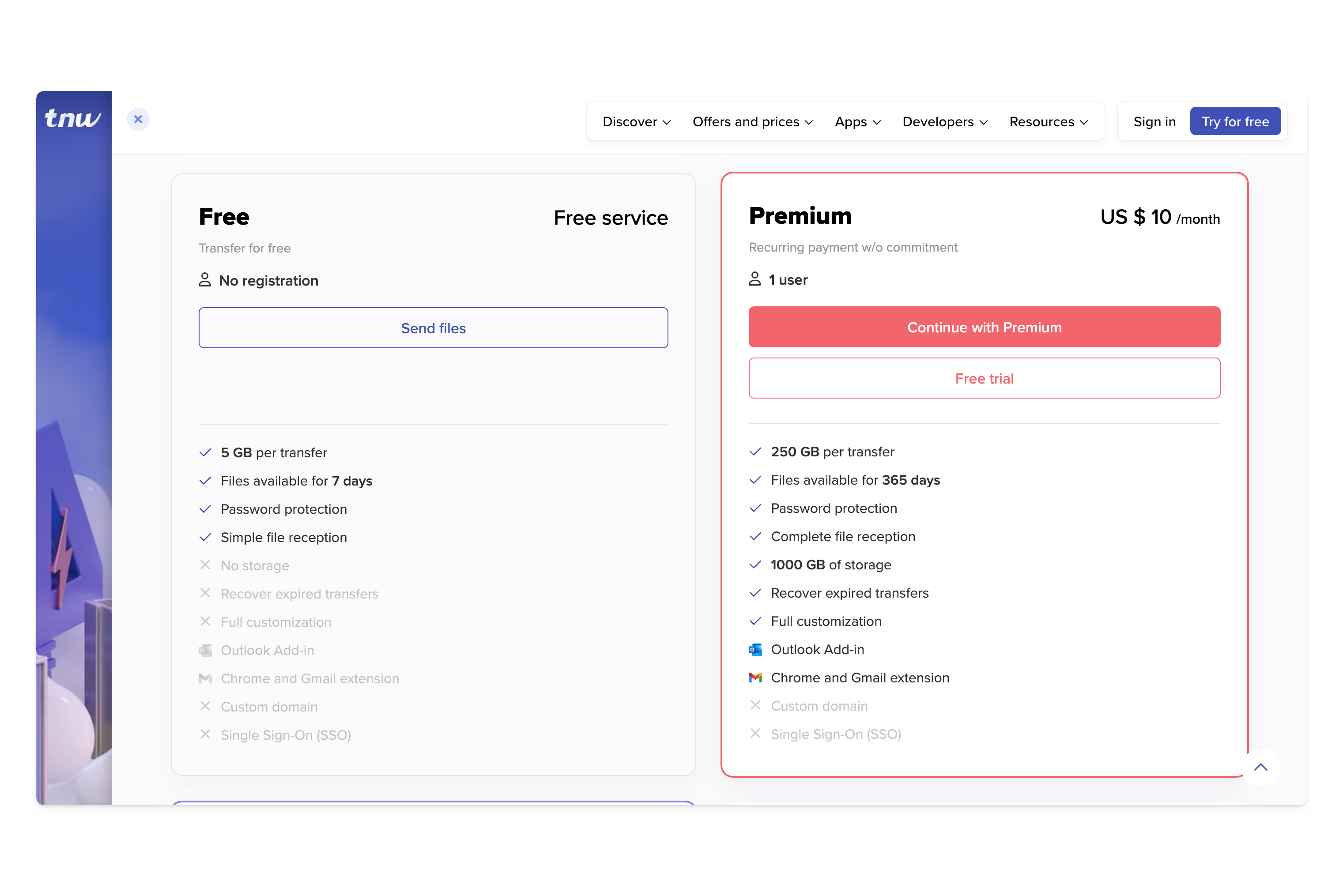 TransferNow plans and pricing