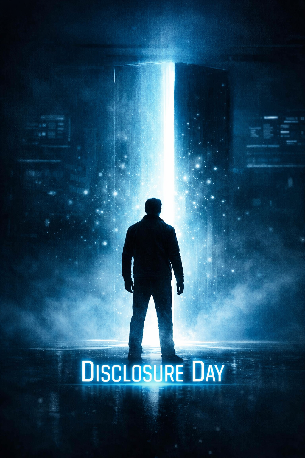 Una figura in controluce davanti a una porta che si apre su una luce intensa — Disclosure Day